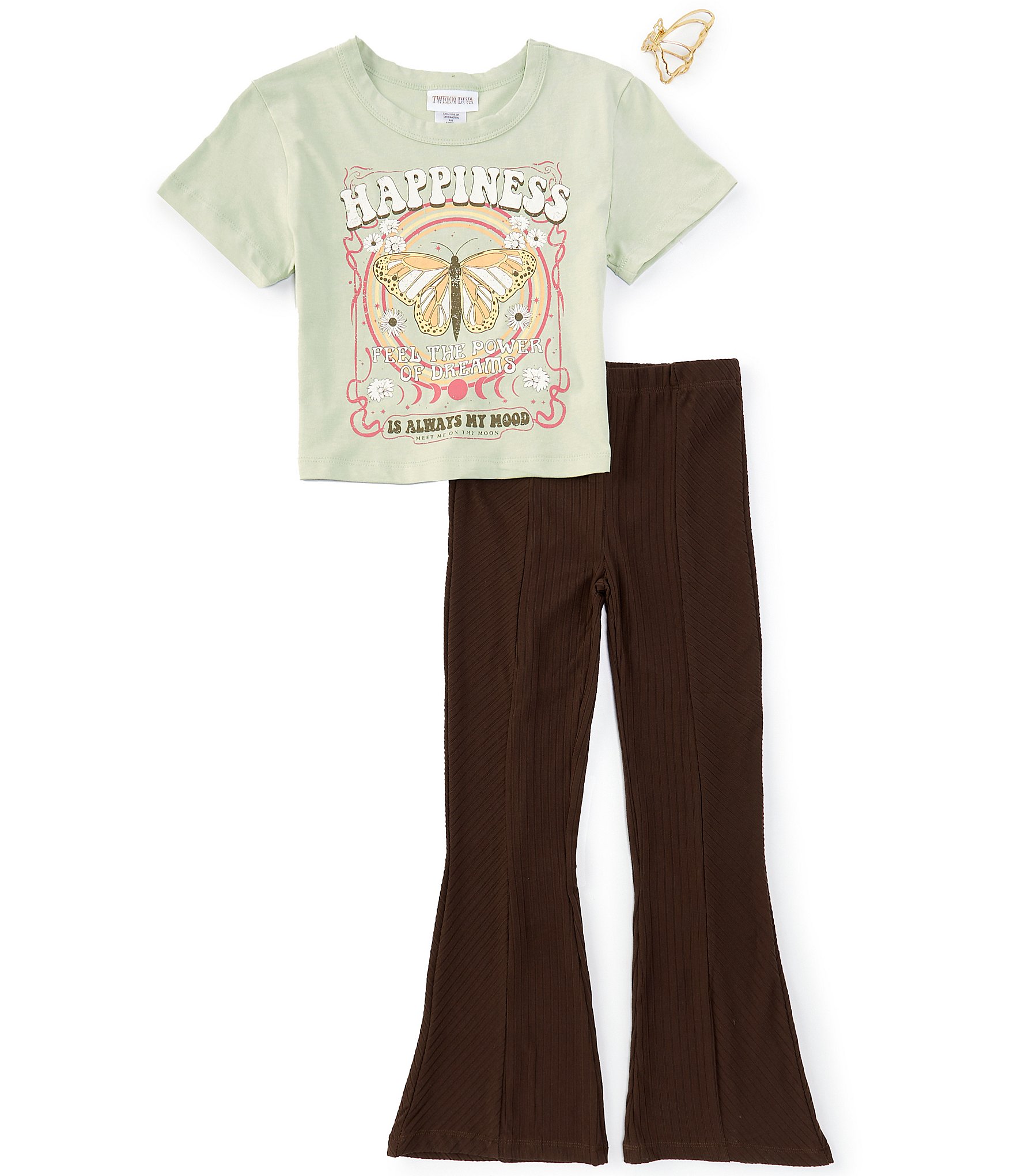 Tween Diva Big Girls 7-16 Short Sleeve Happiness Is Always My Mood T-Shirt & Solid Flared Leg Knit Pant Set