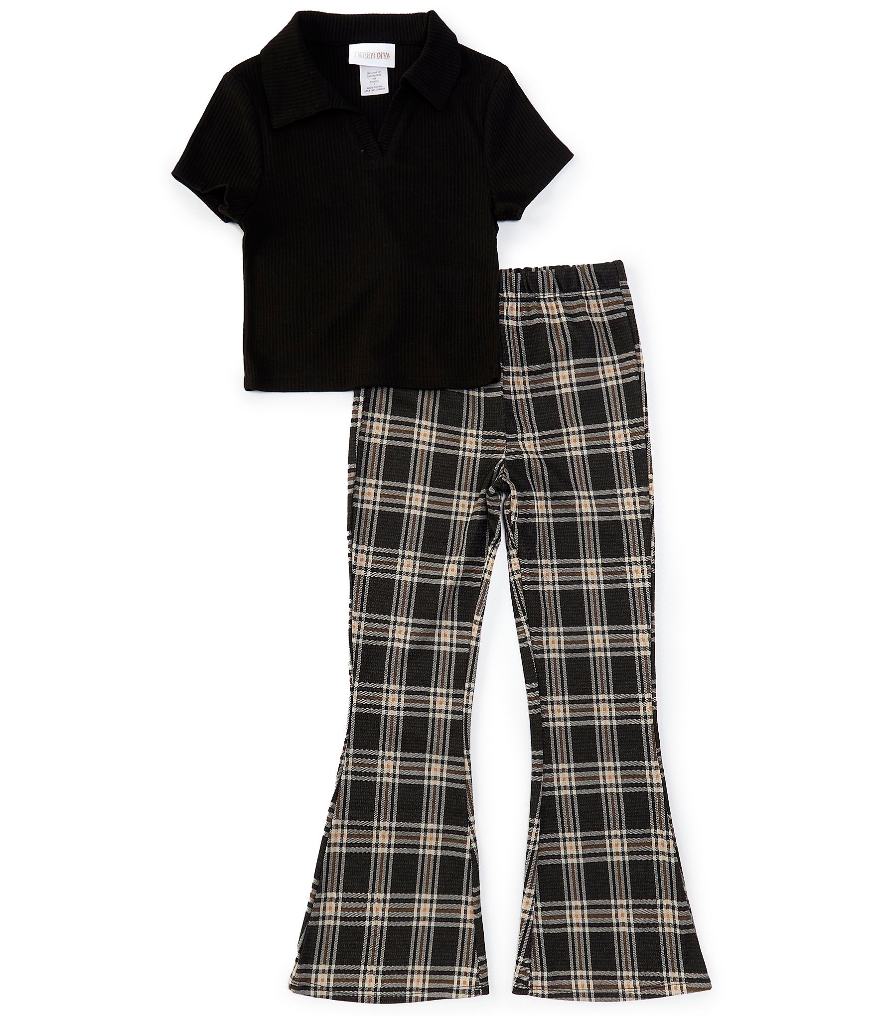 Tween Diva Big Girls 7-16 Short Sleeve Rib-Knit Top & Plaid Knit Flare Leg Pants