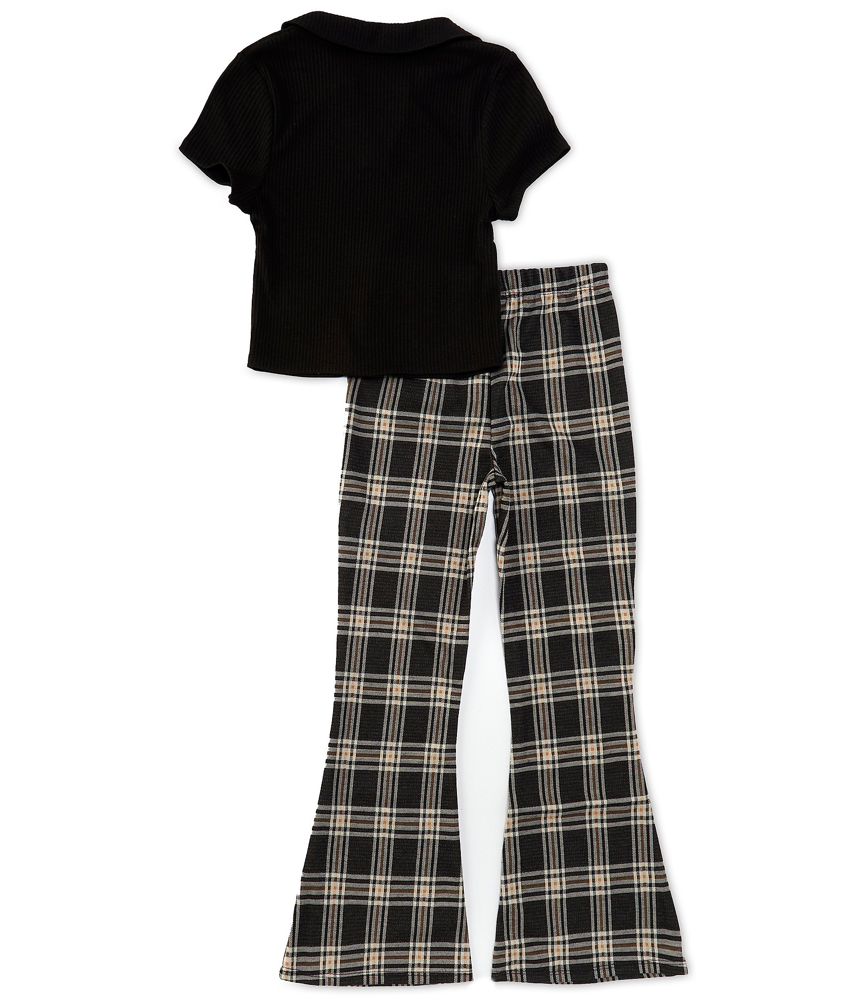 Tween Diva Big Girls 7-16 Short Sleeve Rib-Knit Top & Plaid Knit Flare Leg Pants