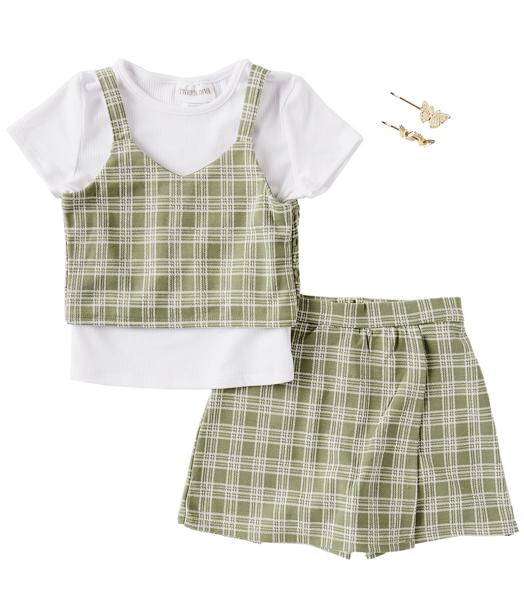 Tween Diva Big Girls 7-16 Sleeveless Plaid Tank Top & Matching Plaid Skirt & Solid Short-Sleeve T-Shirt Set