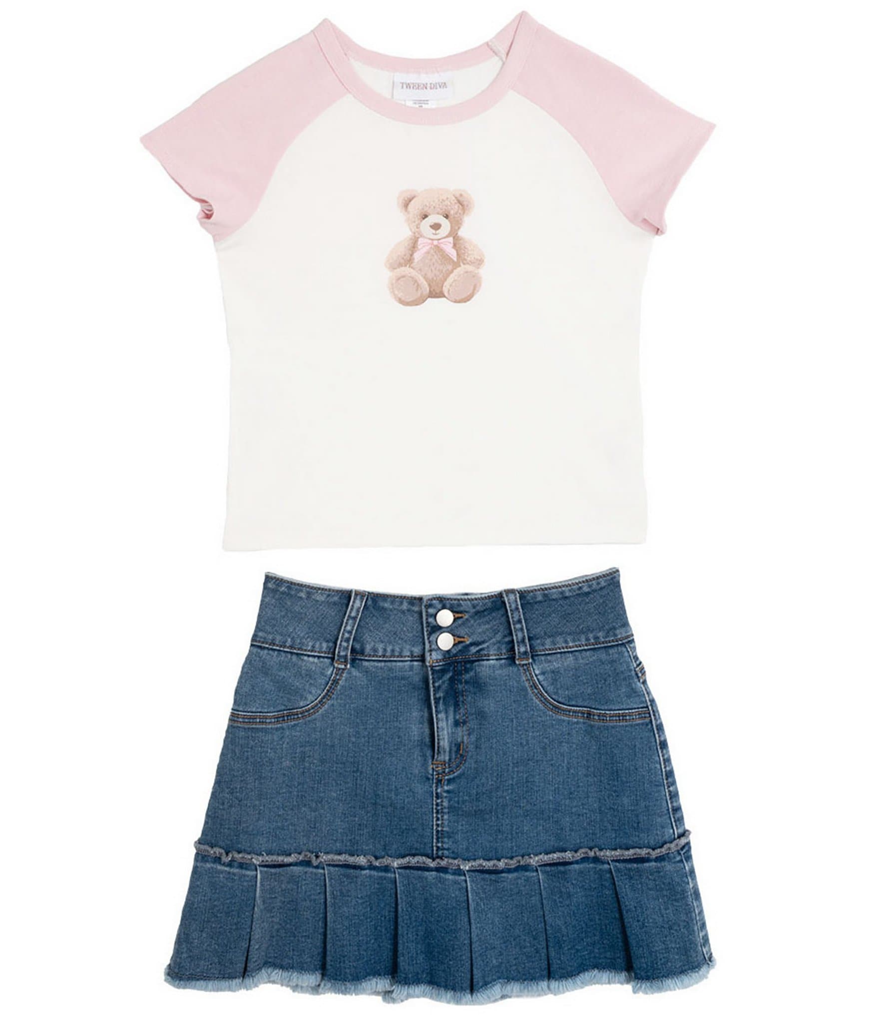 Tween Diva Big Girls Short Sleeve Graphic Raglan T-Shirt & Denim Pleated Skort Set