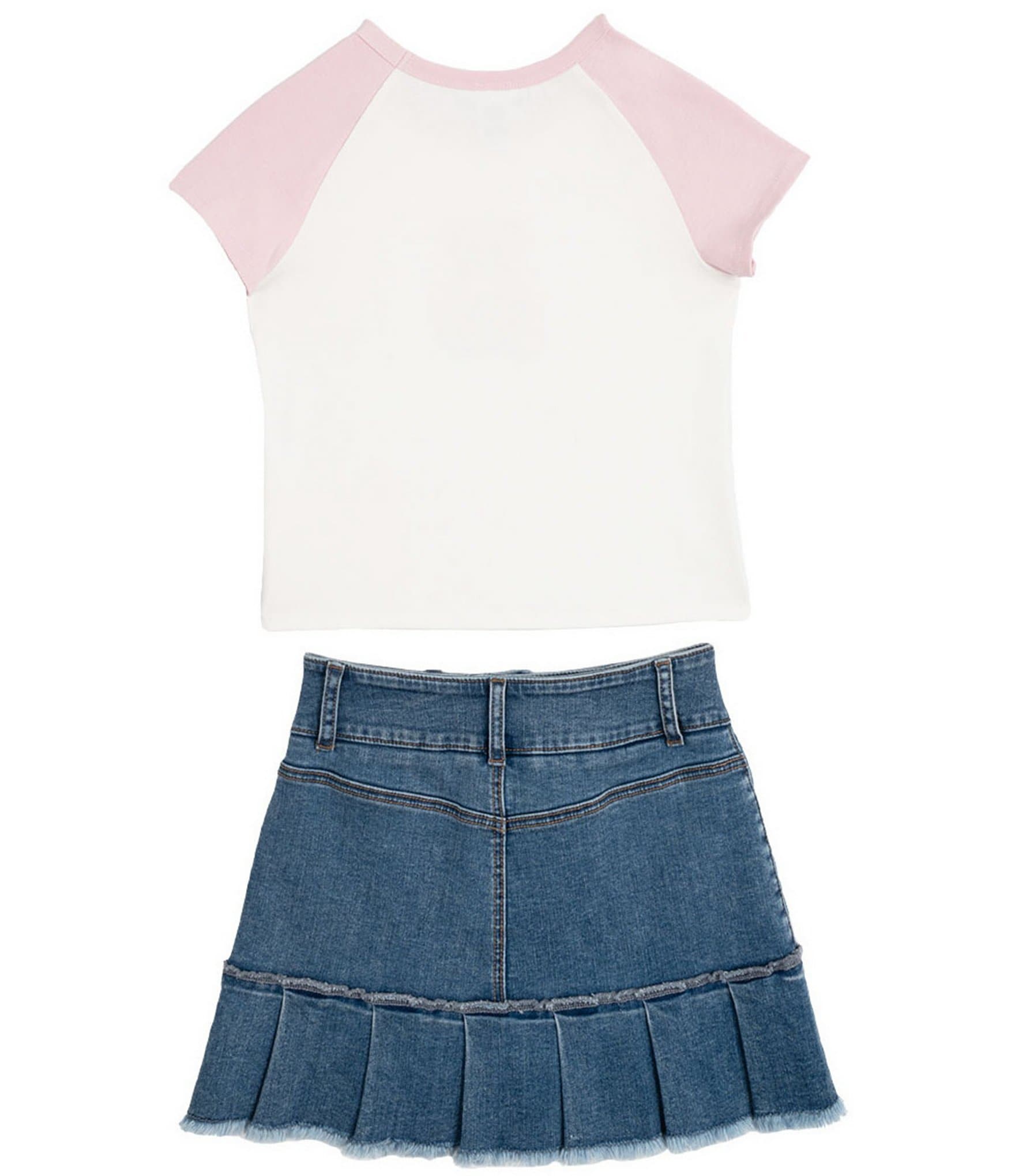 Tween Diva Big Girls Short Sleeve Graphic Raglan T-Shirt & Denim Pleated Skort Set