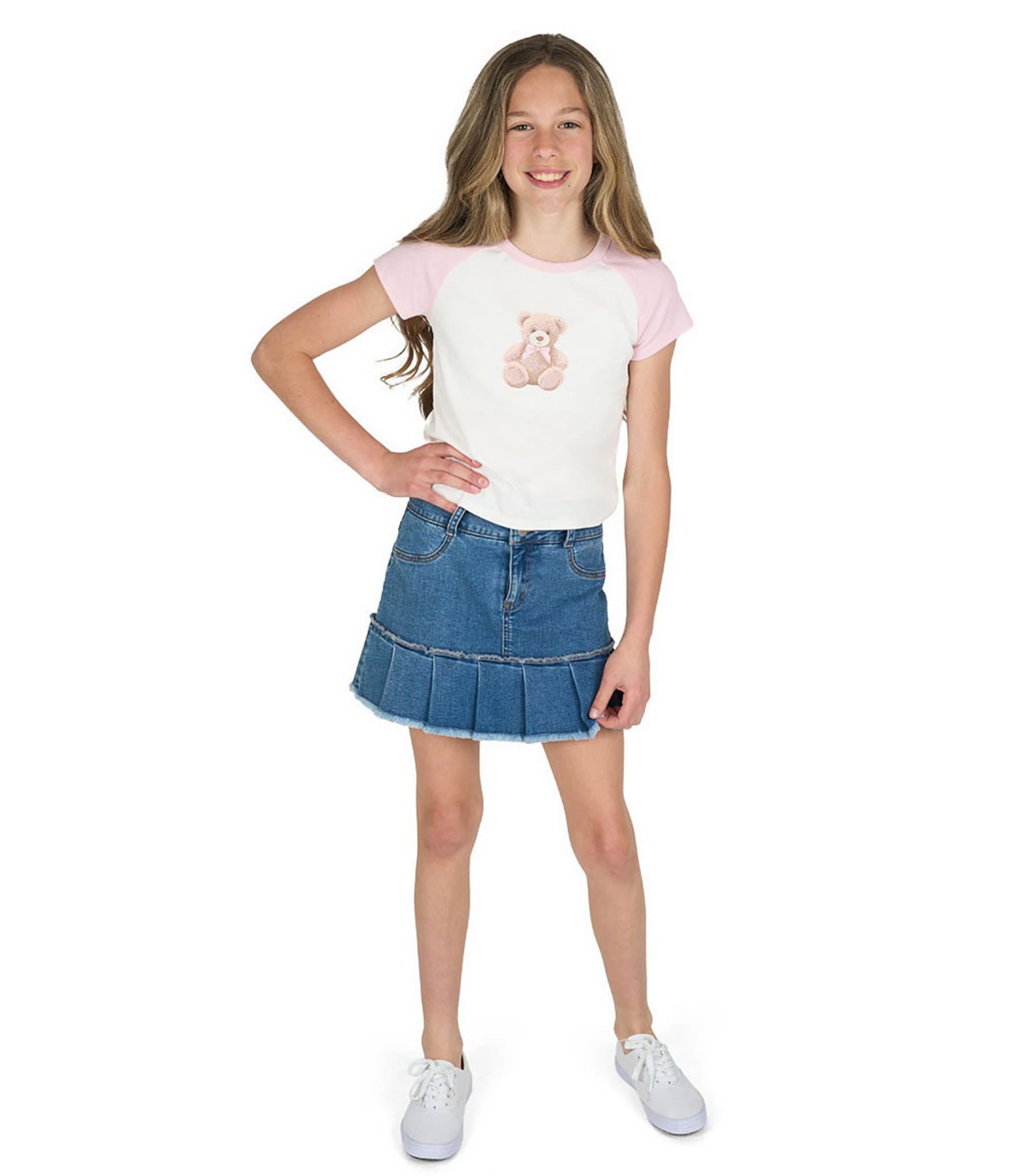 Tween Diva Big Girls Short Sleeve Graphic Raglan T-Shirt & Denim Pleated Skort Set