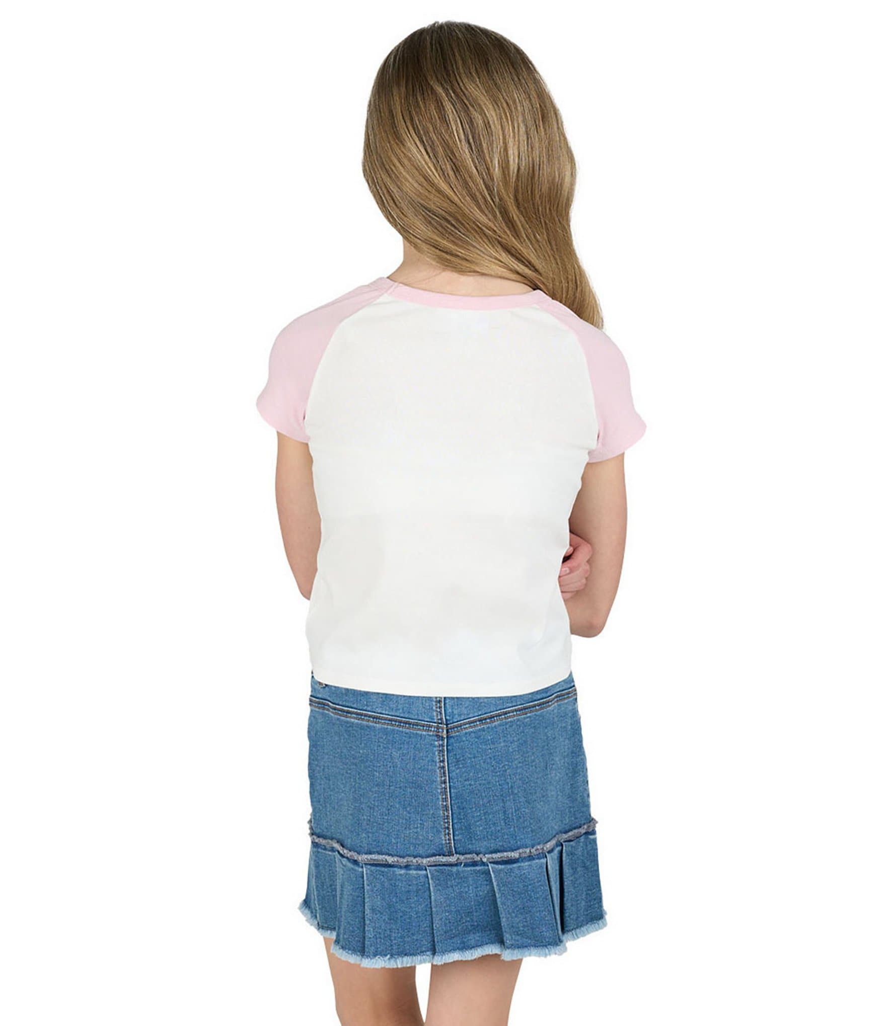 Tween Diva Big Girls Short Sleeve Graphic Raglan T-Shirt & Denim Pleated Skort Set