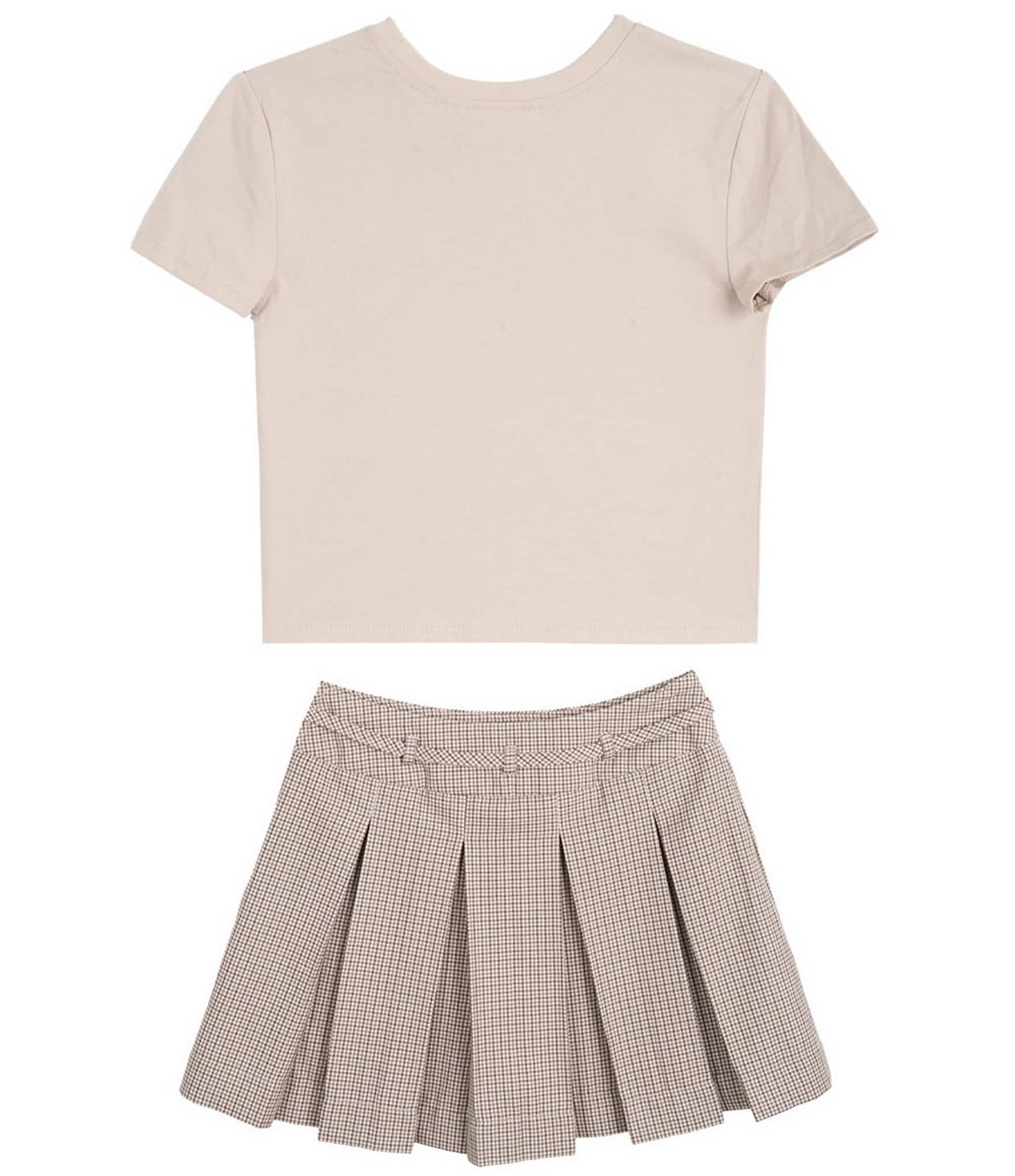 Tween Diva Big Girls Short Sleeve Graphic T-Shirt & Plaid Bow Tie Pleated Skort Set