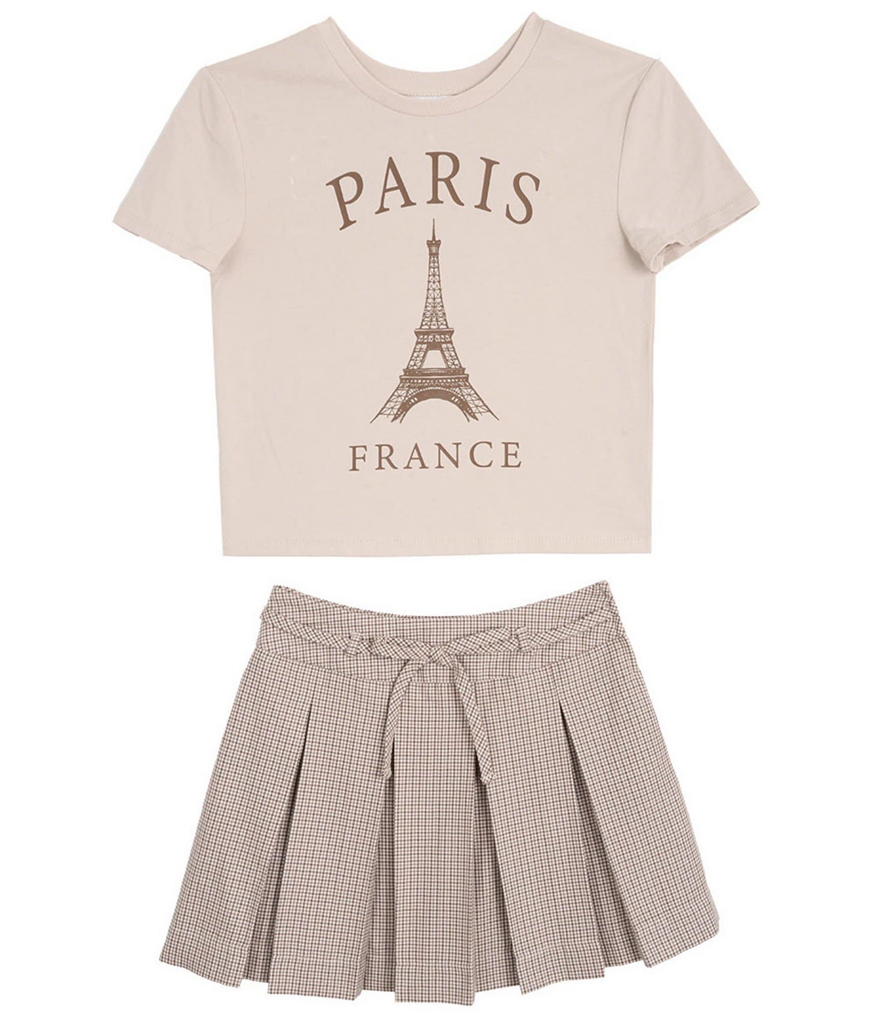 Tween Diva Big Girls Short Sleeve Graphic T-Shirt & Plaid Bow Tie Pleated Skort Set