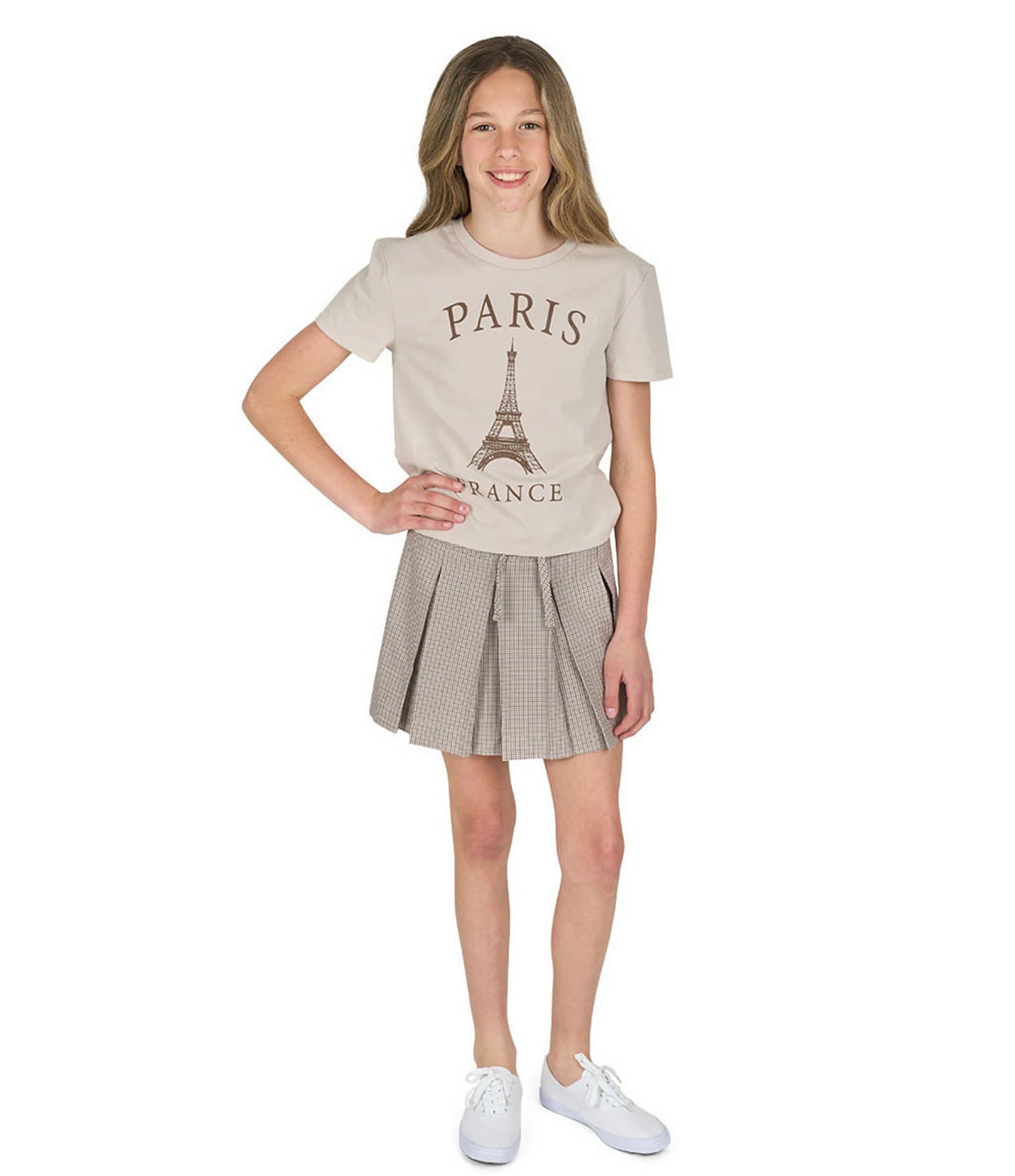 Tween Diva Big Girls Short Sleeve Graphic T-Shirt & Plaid Bow Tie Pleated Skort Set