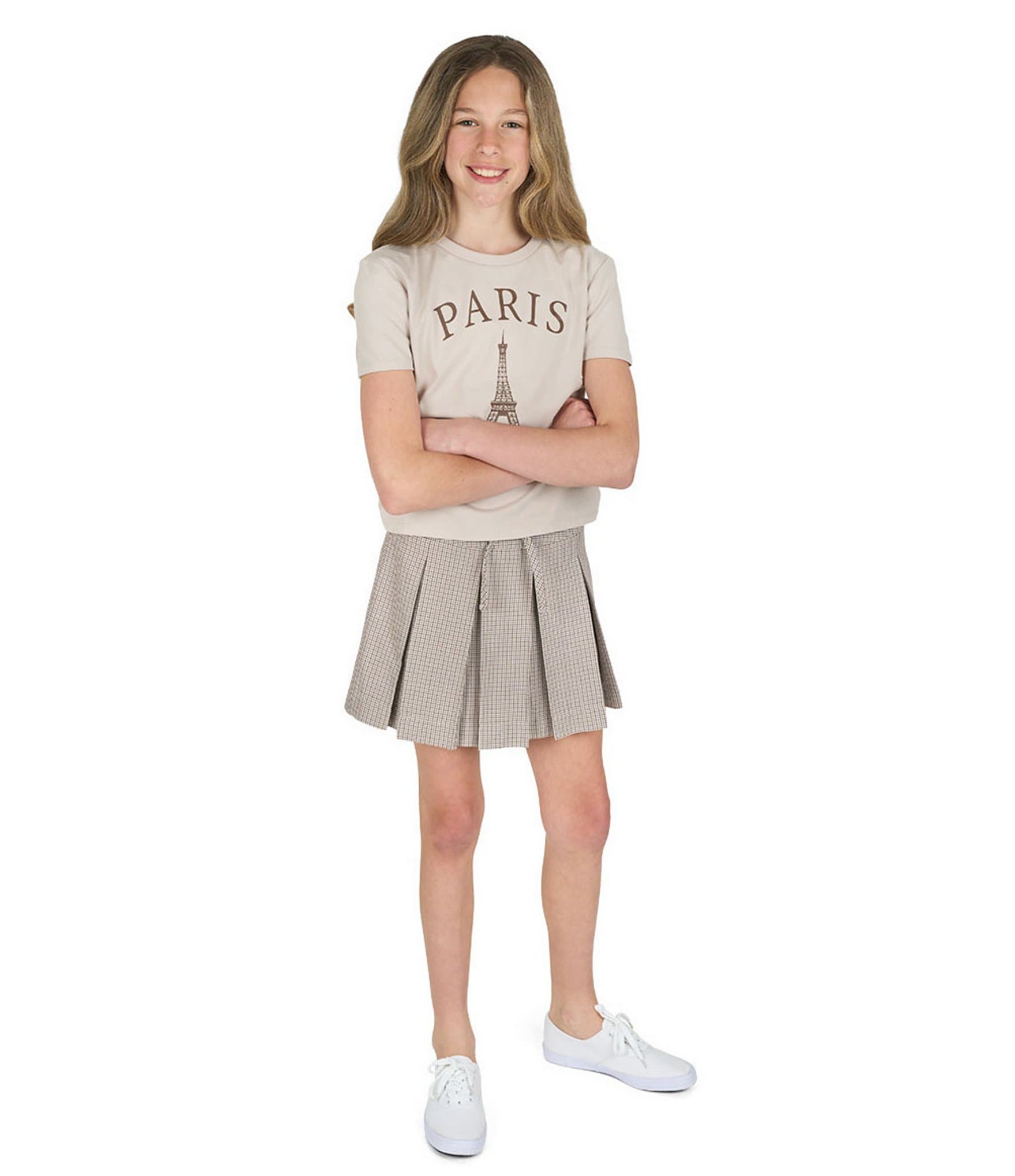 Tween Diva Big Girls Short Sleeve Graphic T-Shirt & Plaid Bow Tie Pleated Skort Set