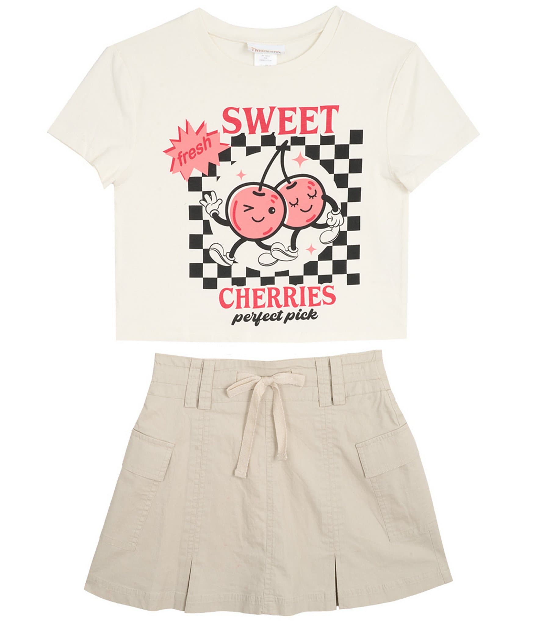 Tween Diva Big Girls Sweet Cherries Short Sleeve Graphic T-Shirt & Pleated Cargo Skort Set