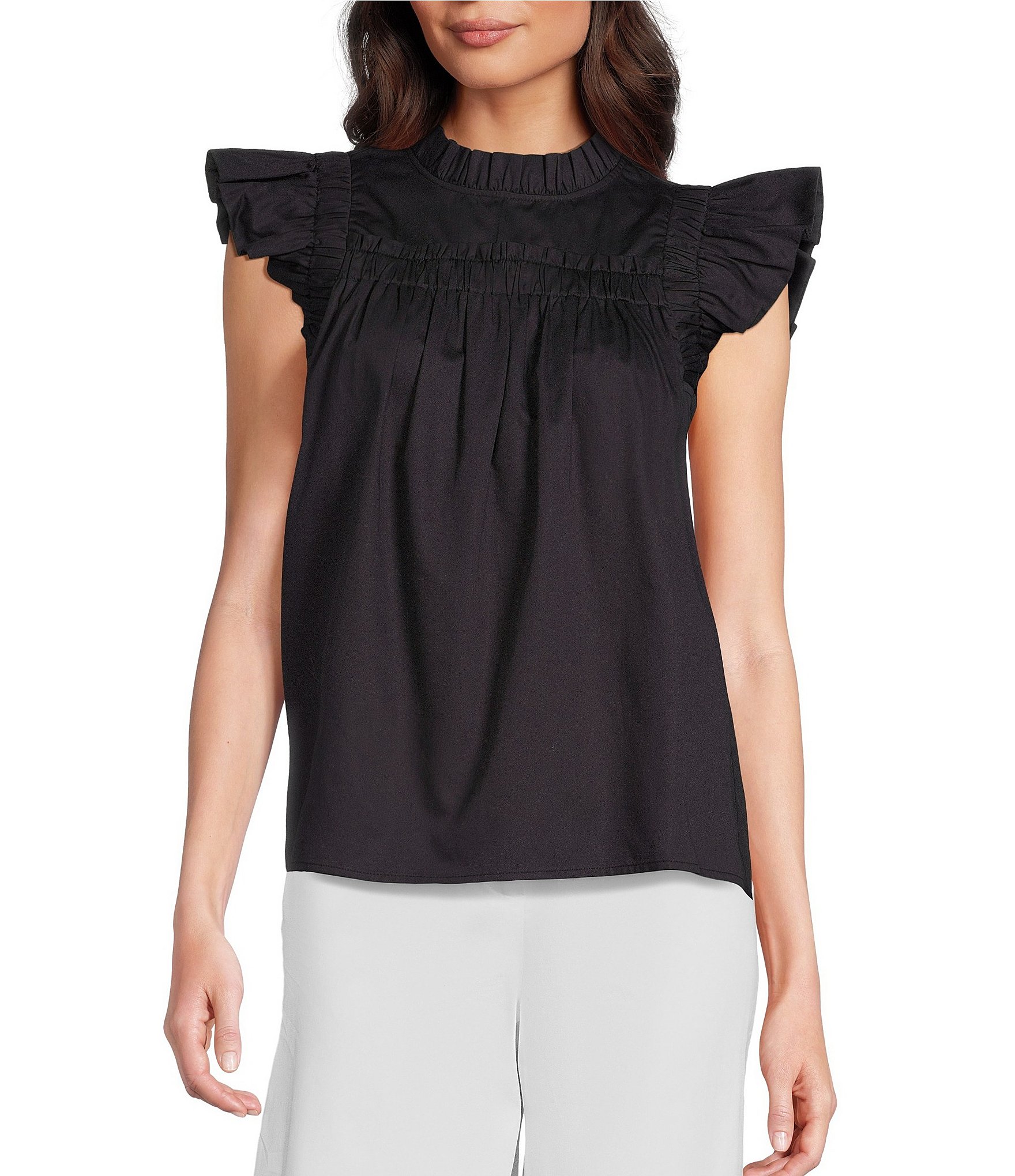 tyler boe Eloise Woven Round Ruffle Neck Pleated Ruffle Cap Sleeve Top ...