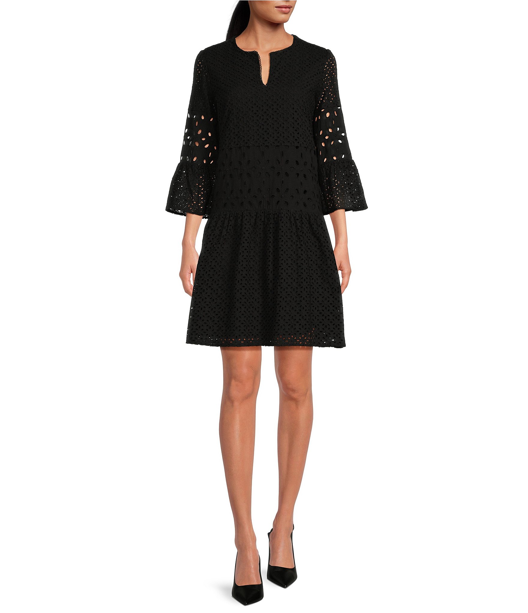 tyler boe Ingrid Eyelet Crew Neck Split V 3/4 Bell Sleeve Tiered Dress