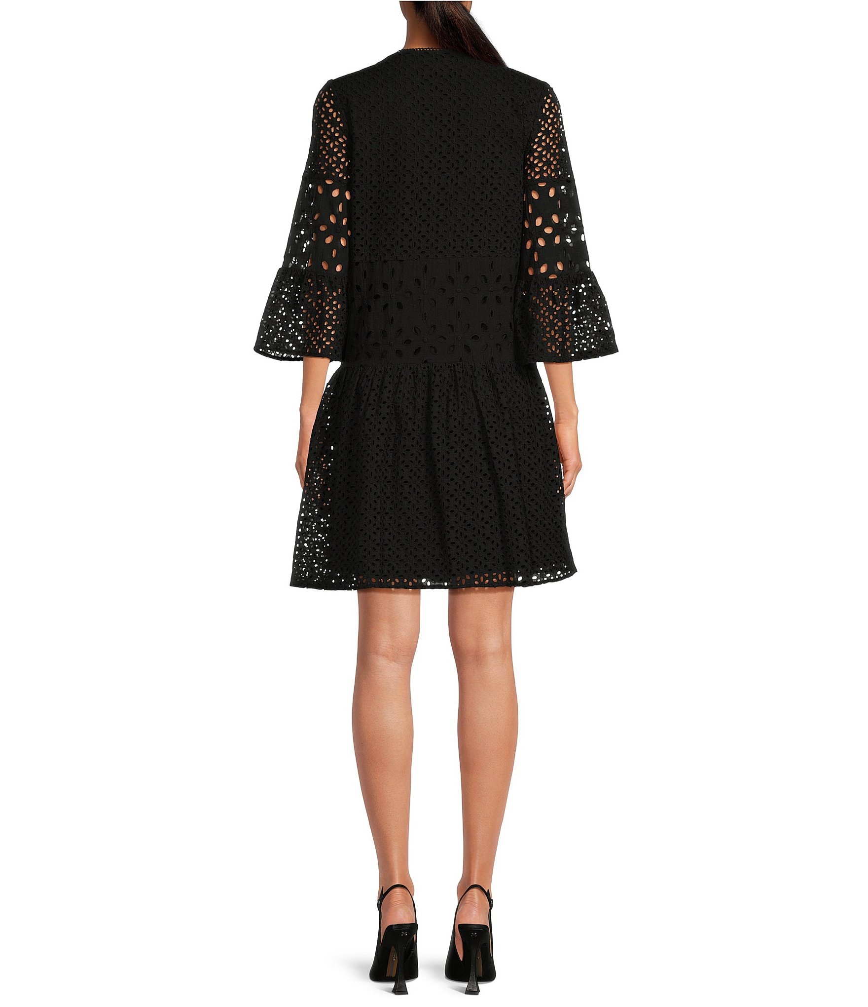tyler boe Ingrid Eyelet Crew Neck Split V 3/4 Bell Sleeve Tiered Dress