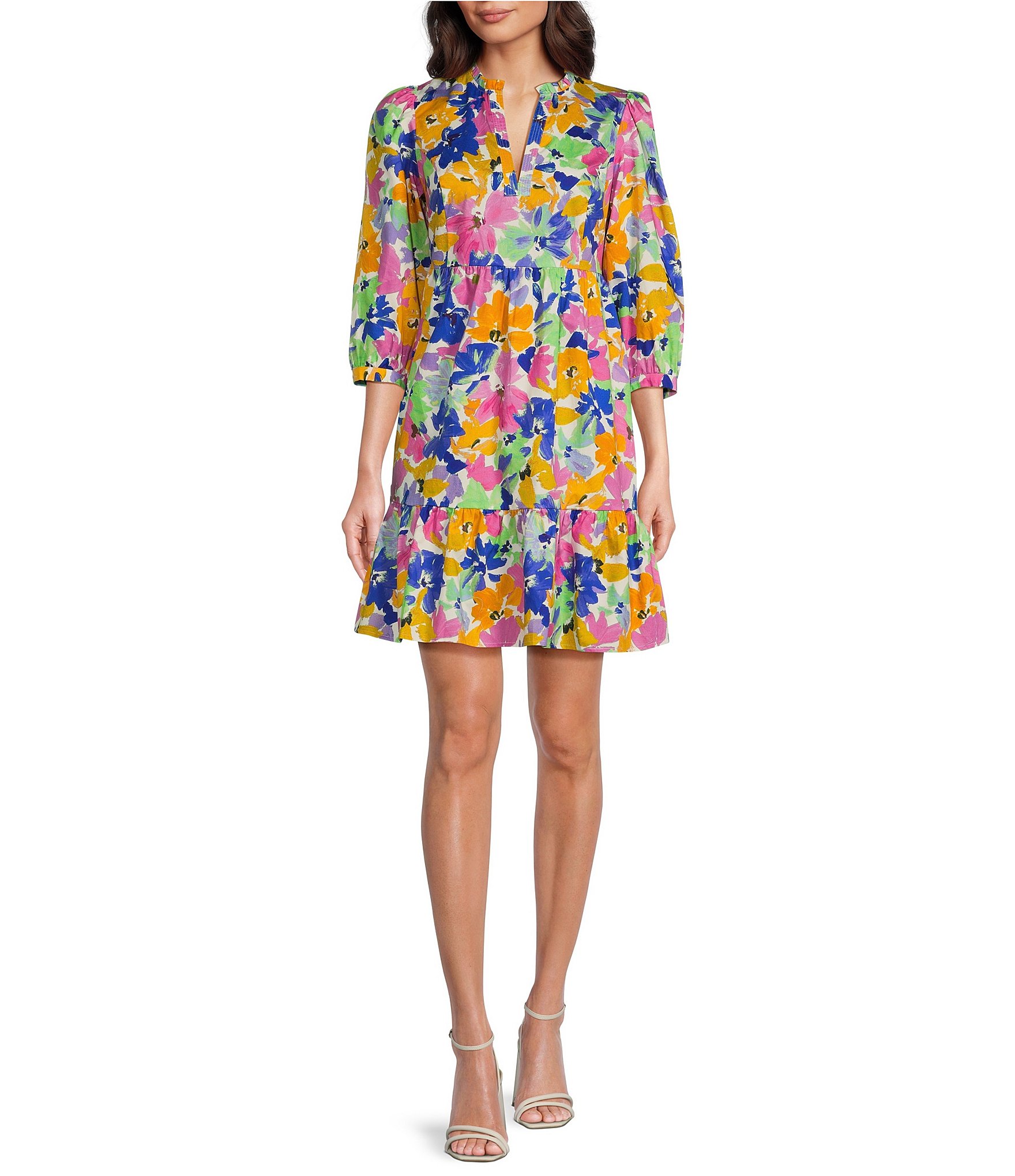 tyler boe Karlie Monet Floral Print Ruffle Trim Split V-Neck 3/4 Cuffed  Sleeve Tiered A-Line Dress | Dillard's