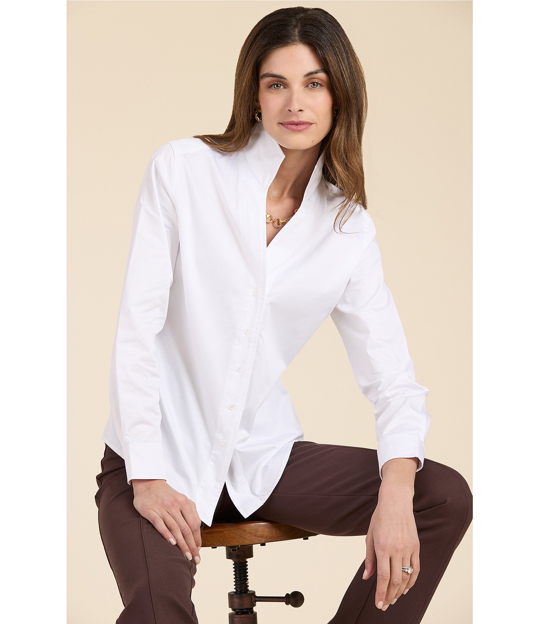 tyler boe Natalie Cotton Woven Point Collar Long Sleeve Concealed Button Front Blouse