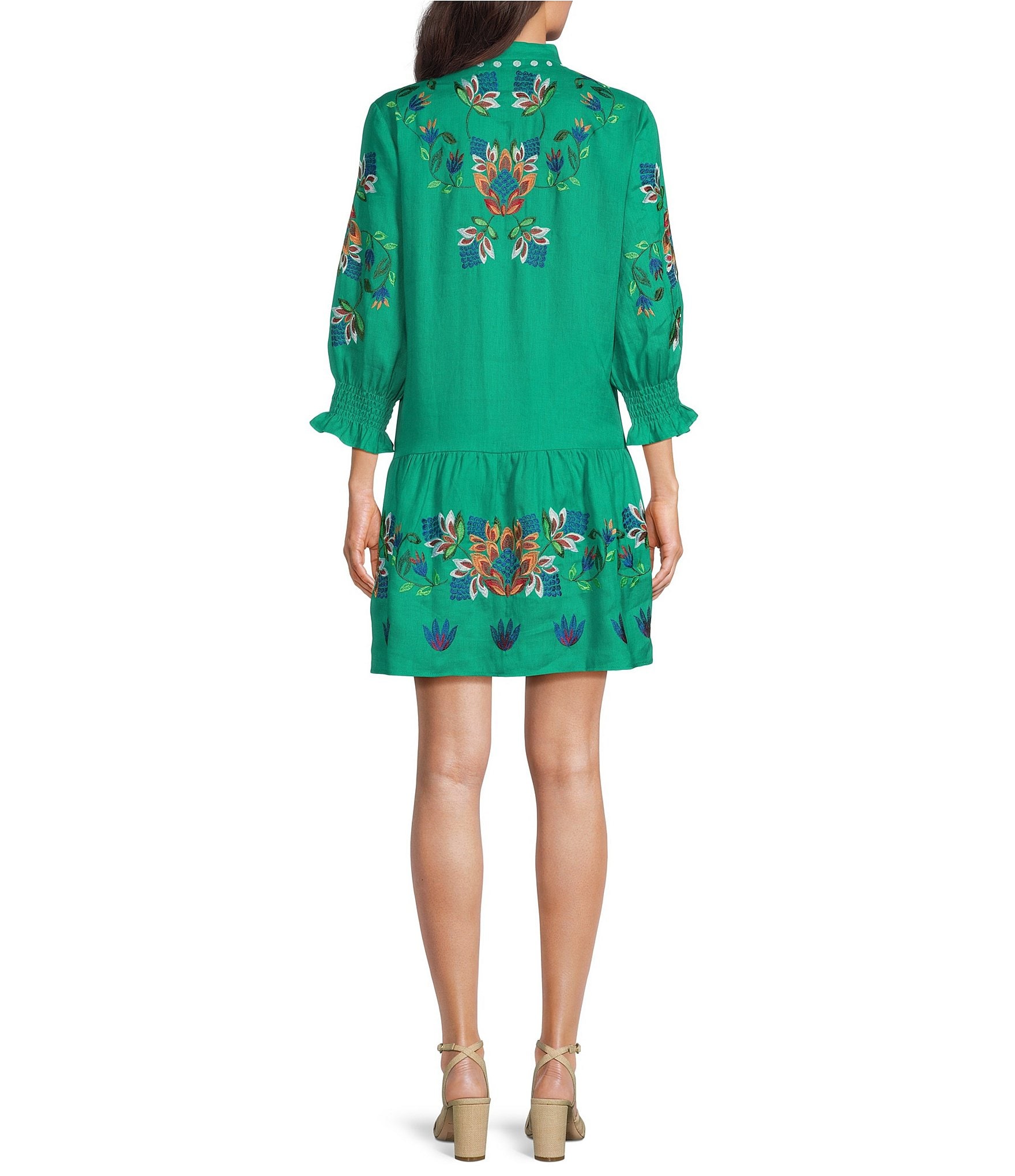 tyler boe Niki Linen Split V-Neck Tassel Tie 3/4 Sleeve Embroidered Dress
