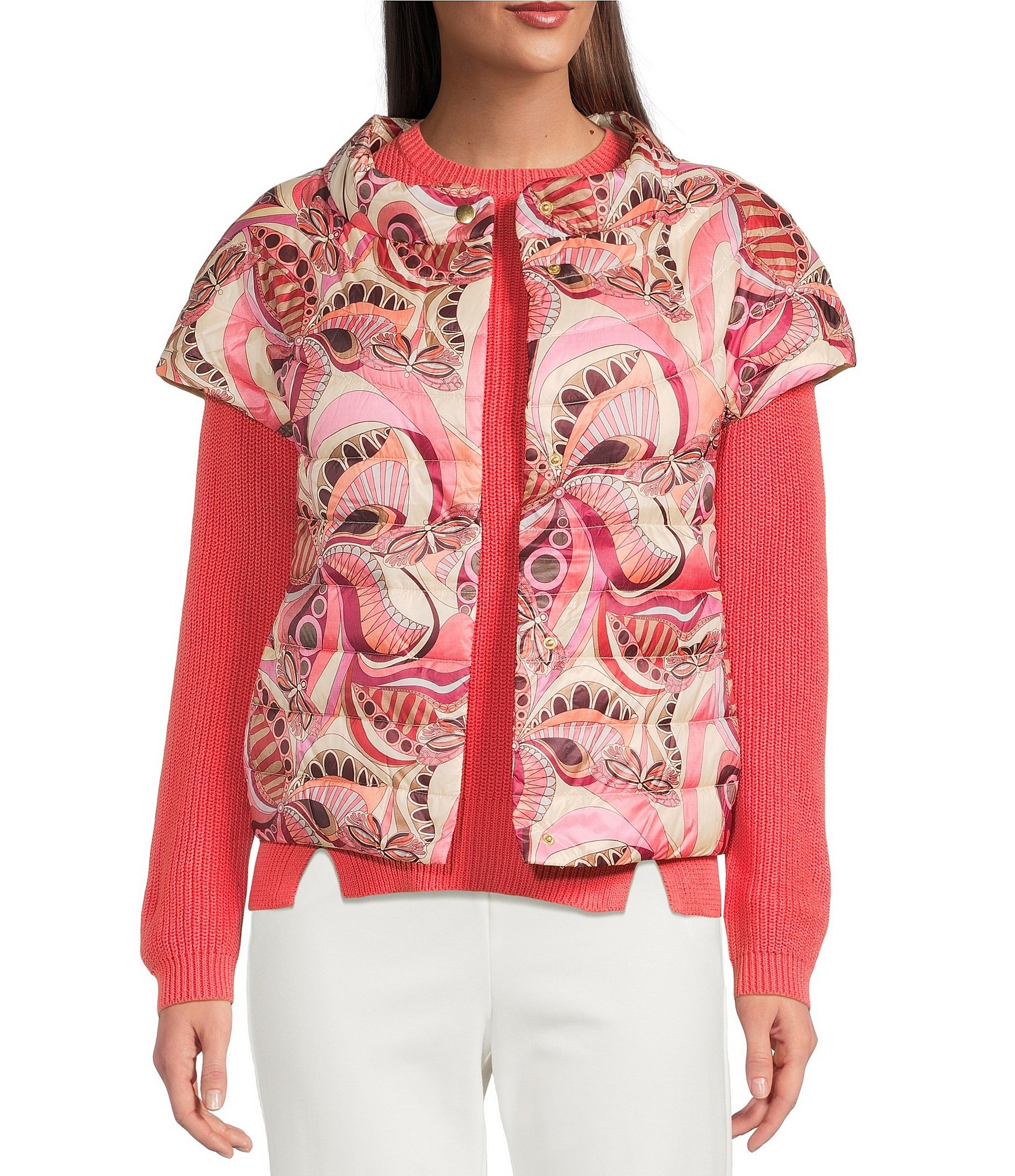 tyler boe Shelly Tucci Print Stand Collar Cap Sleeve Quilted Vest
