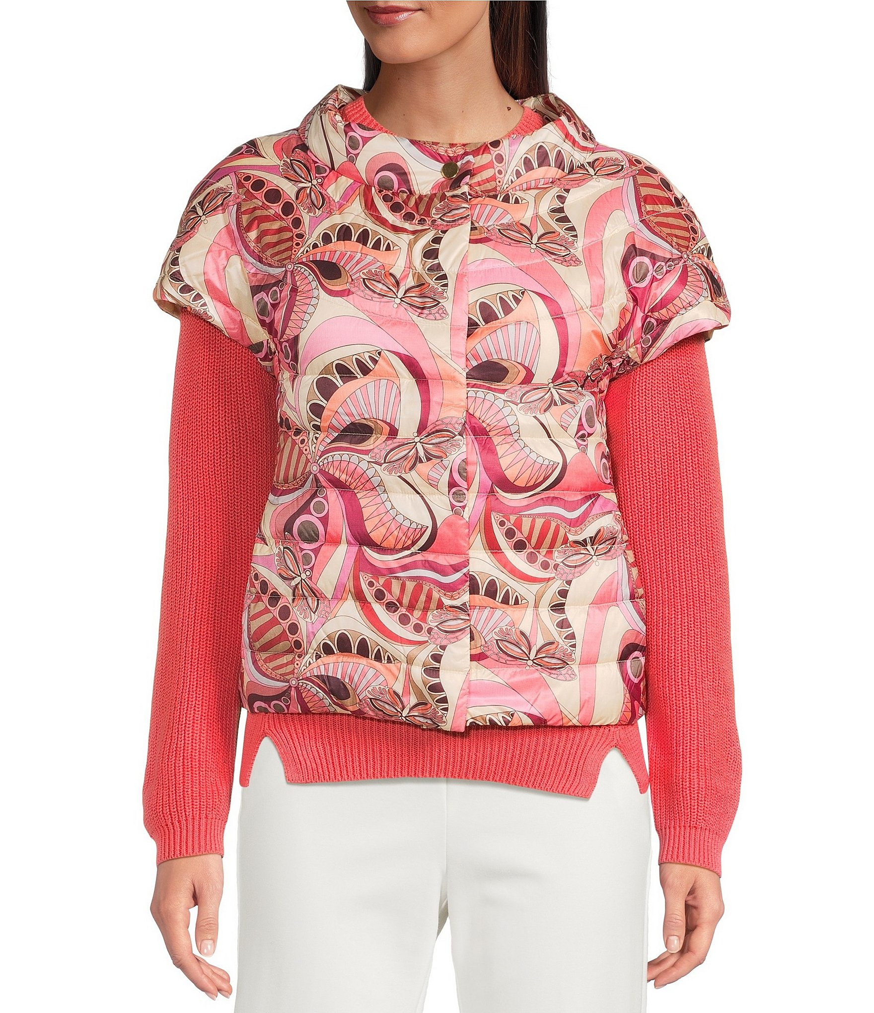 tyler boe Shelly Tucci Print Stand Collar Cap Sleeve Quilted Vest