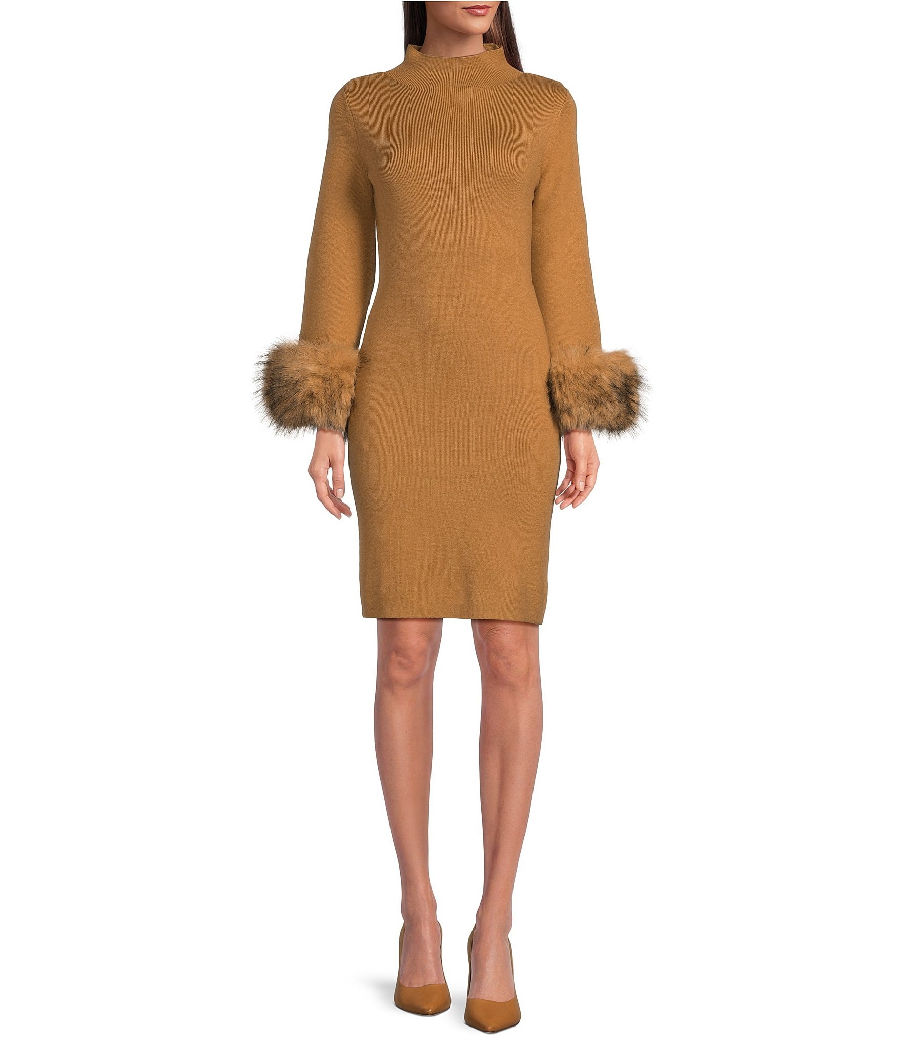 tyler boe Sloane Knit Funnel Neck Faux Fur Long Sleeve Sheath Dress Dillard s