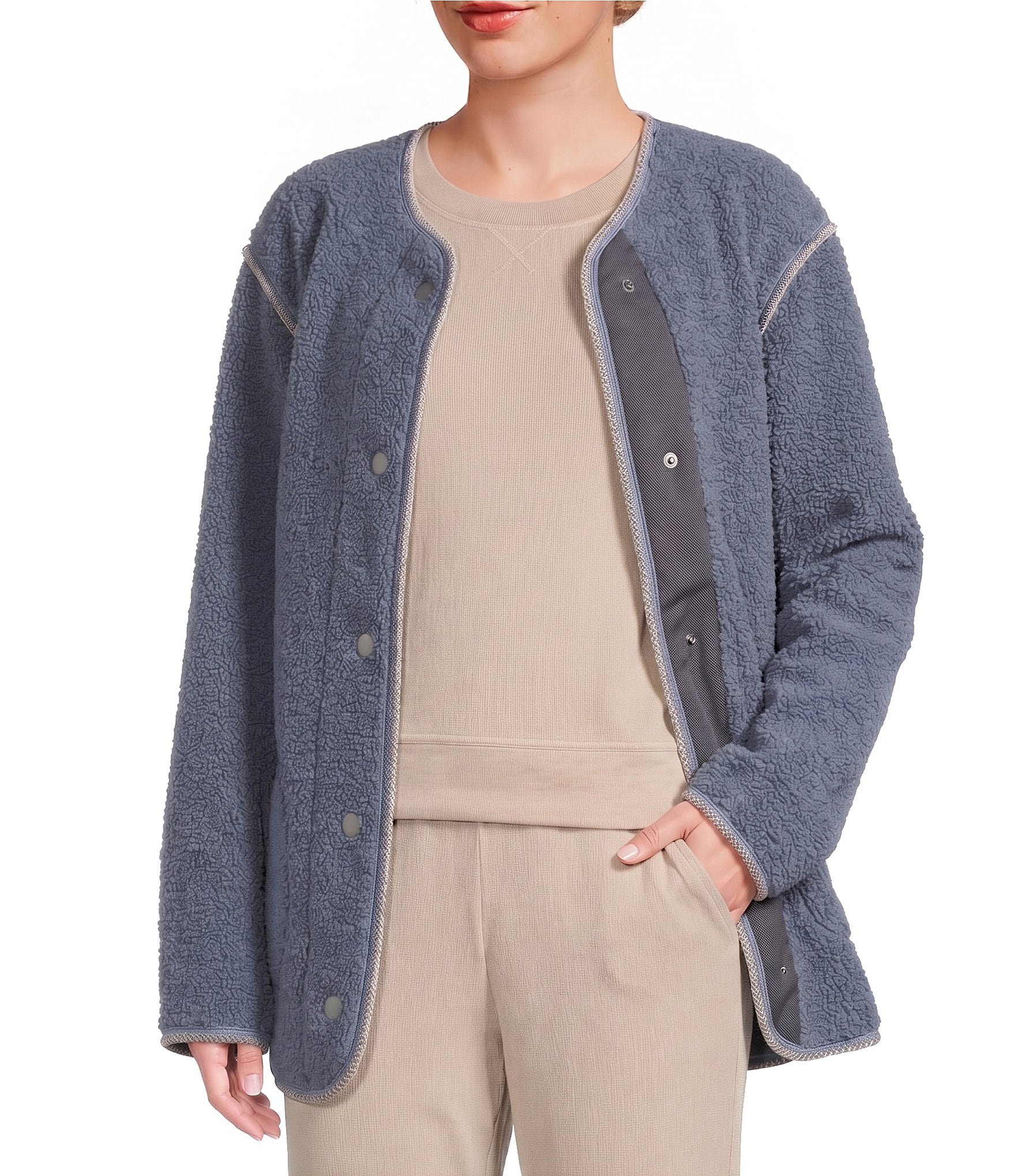 UGG Emmersyn UGGBraid Long Sleeve V-Neck Plush Fleece Snap-Front Jacket