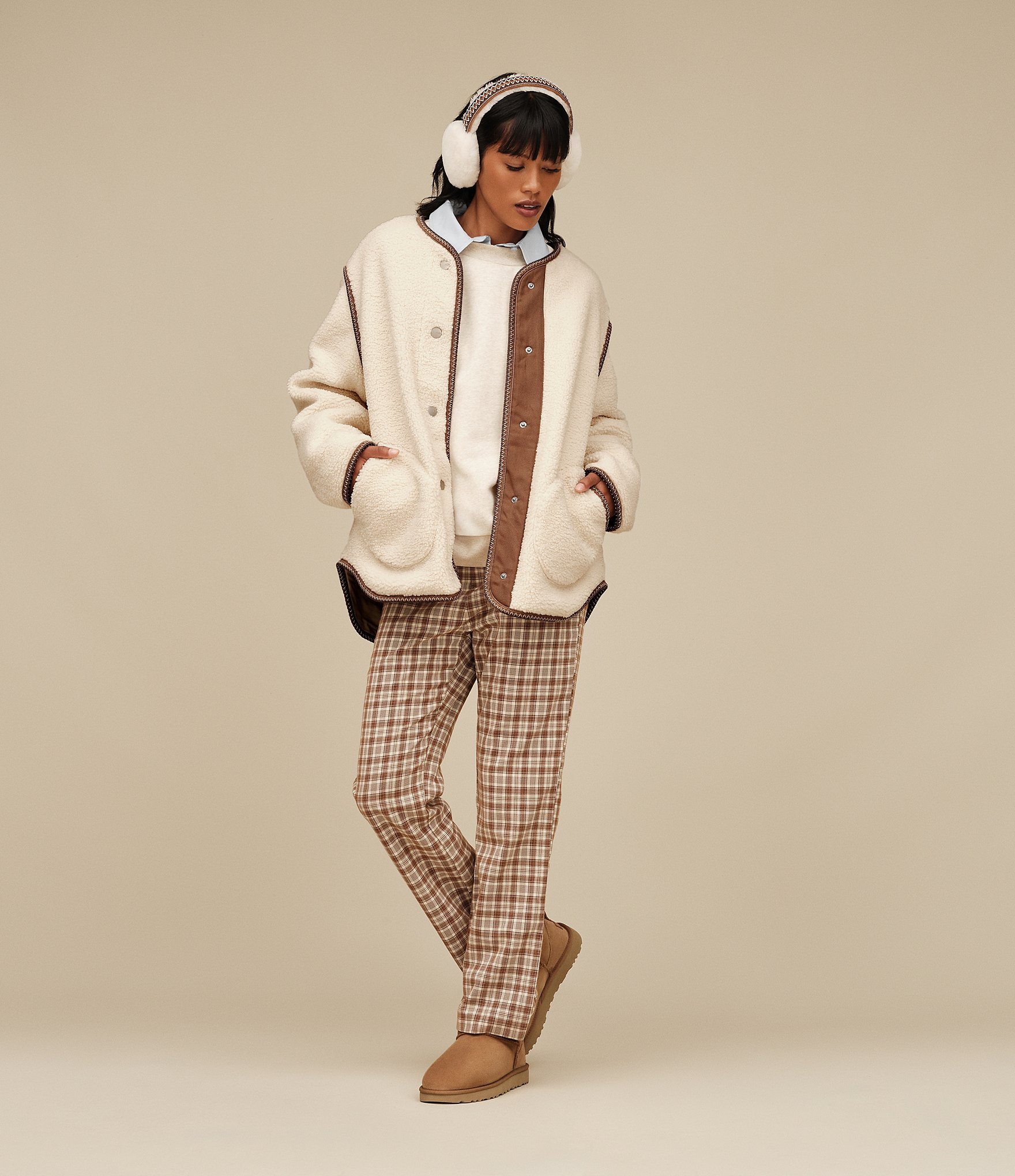 UGG Emmersyn UGGBraid Long Sleeve V-Neck Plush Fleece Snap-Front Jacket