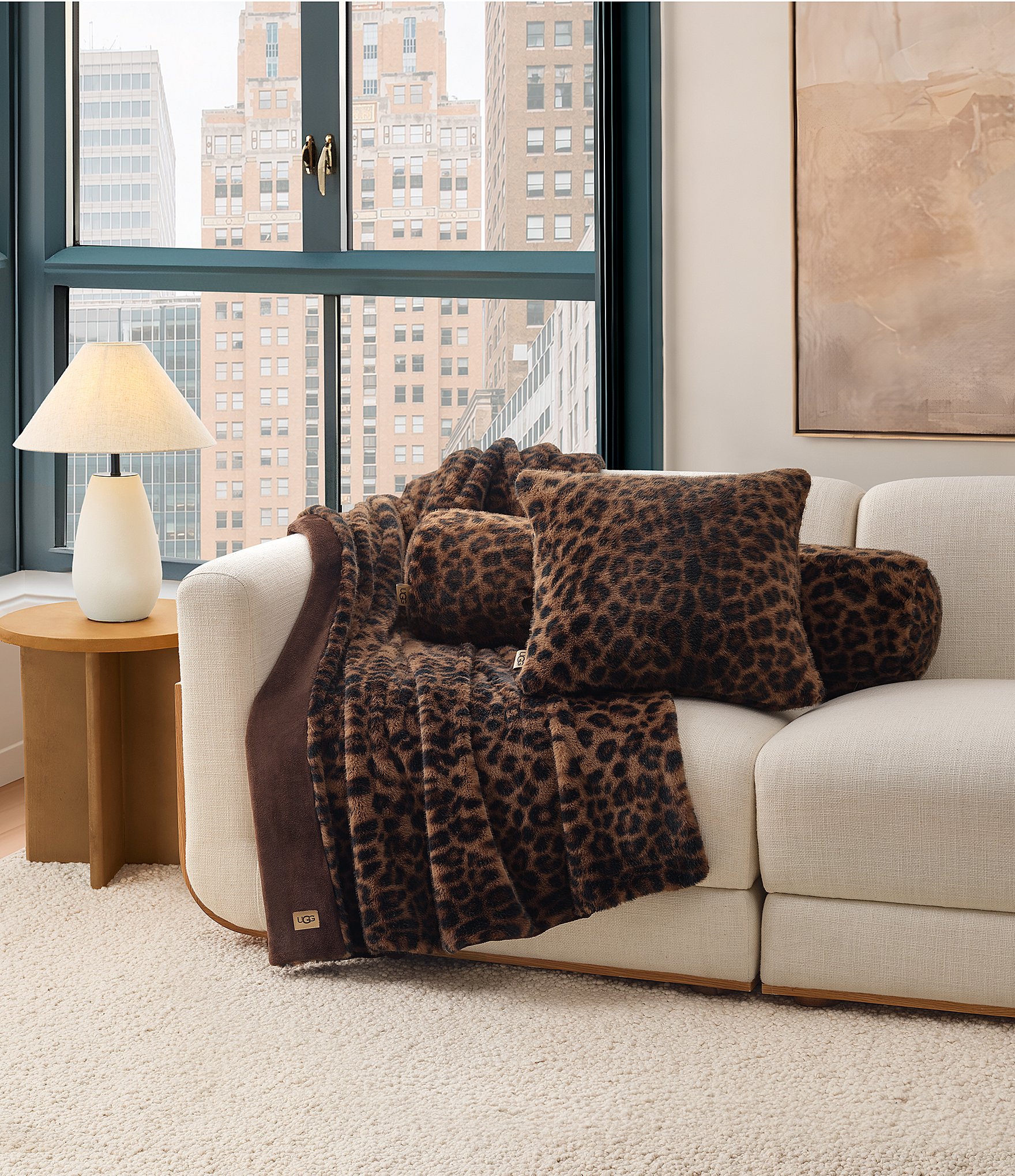 UGG Everett Black Leopard Print Faux Fur Reversible Throw Blanket