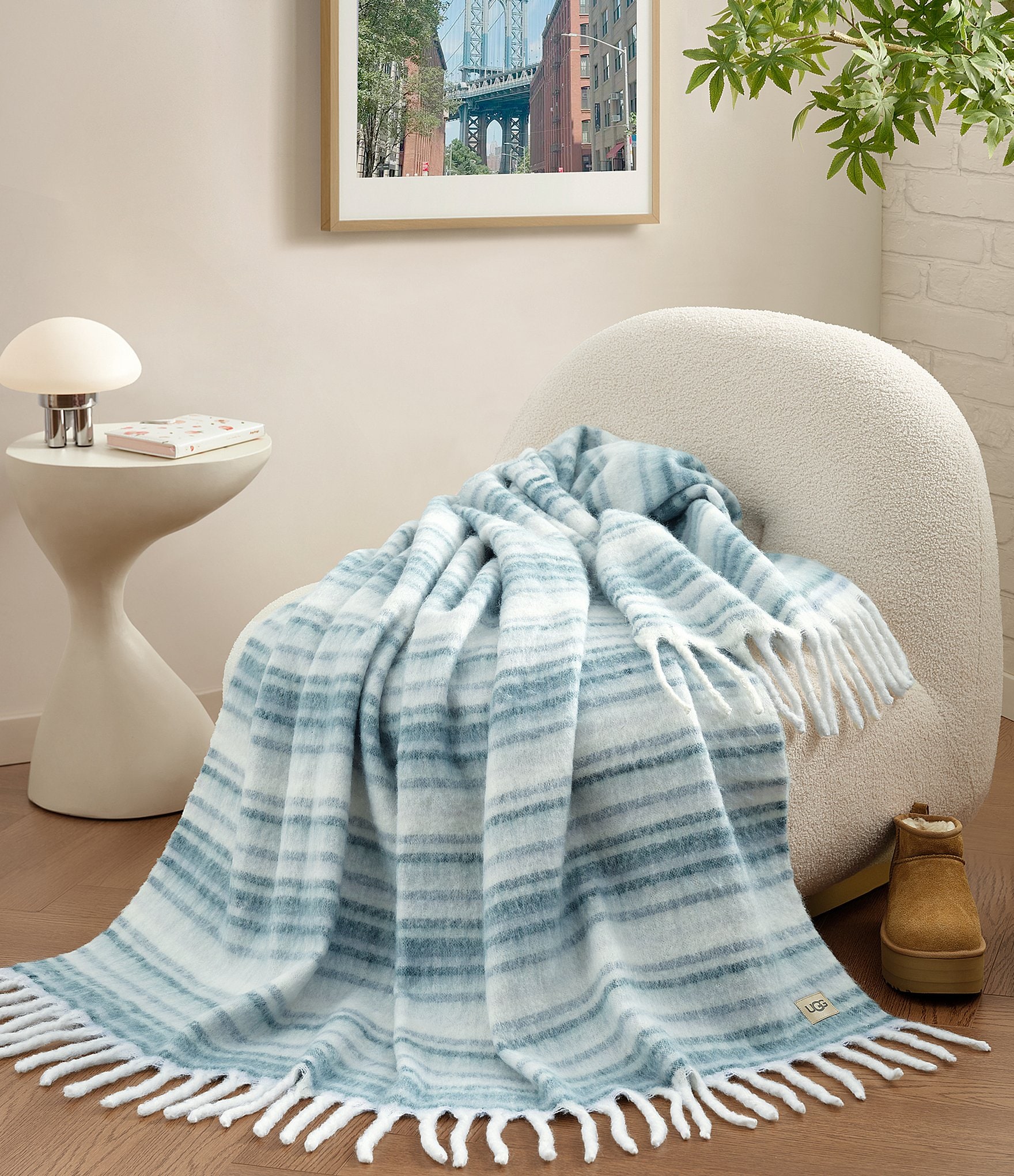 UGG Joana Striped Fringe Trim Throw Blanket