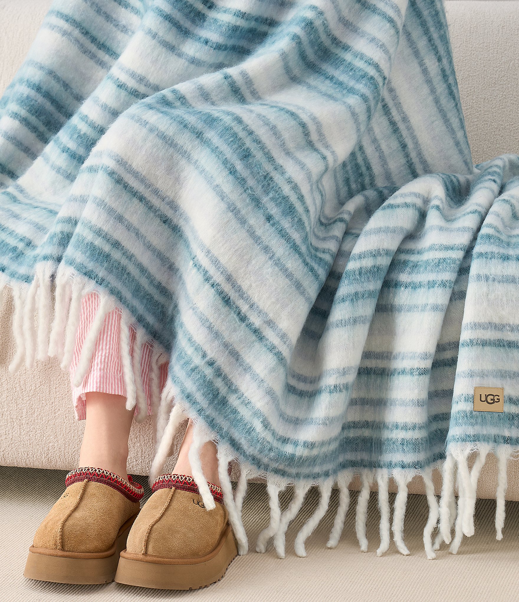 UGG Joana Striped Fringe Trim Throw Blanket