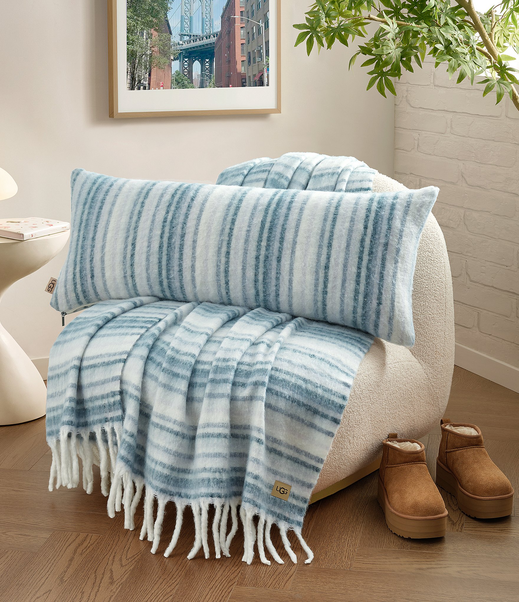 UGG Joana Striped Fringe Trim Throw Blanket
