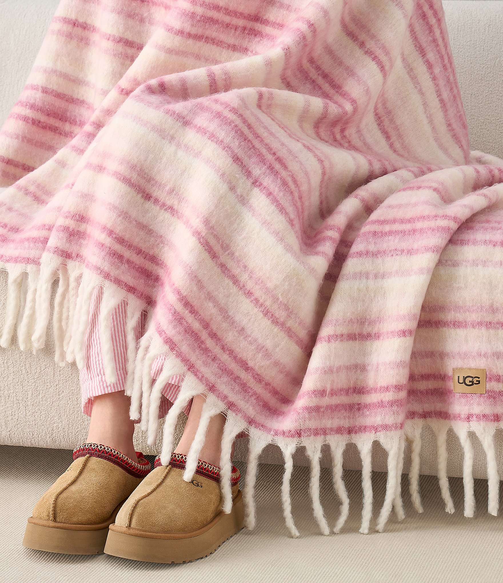 UGG Joana Striped Fringe Trim Throw Blanket