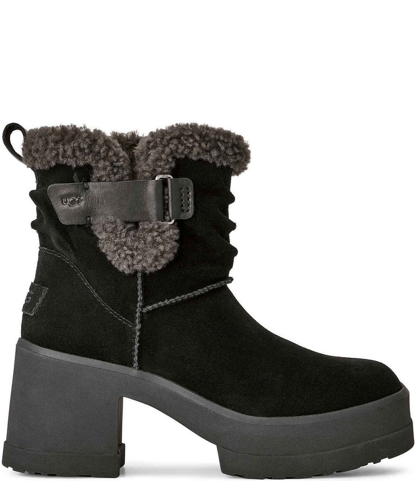 UGG Moxy Pull On Suede Sheepskin Collar Platform Block Heel Booties
