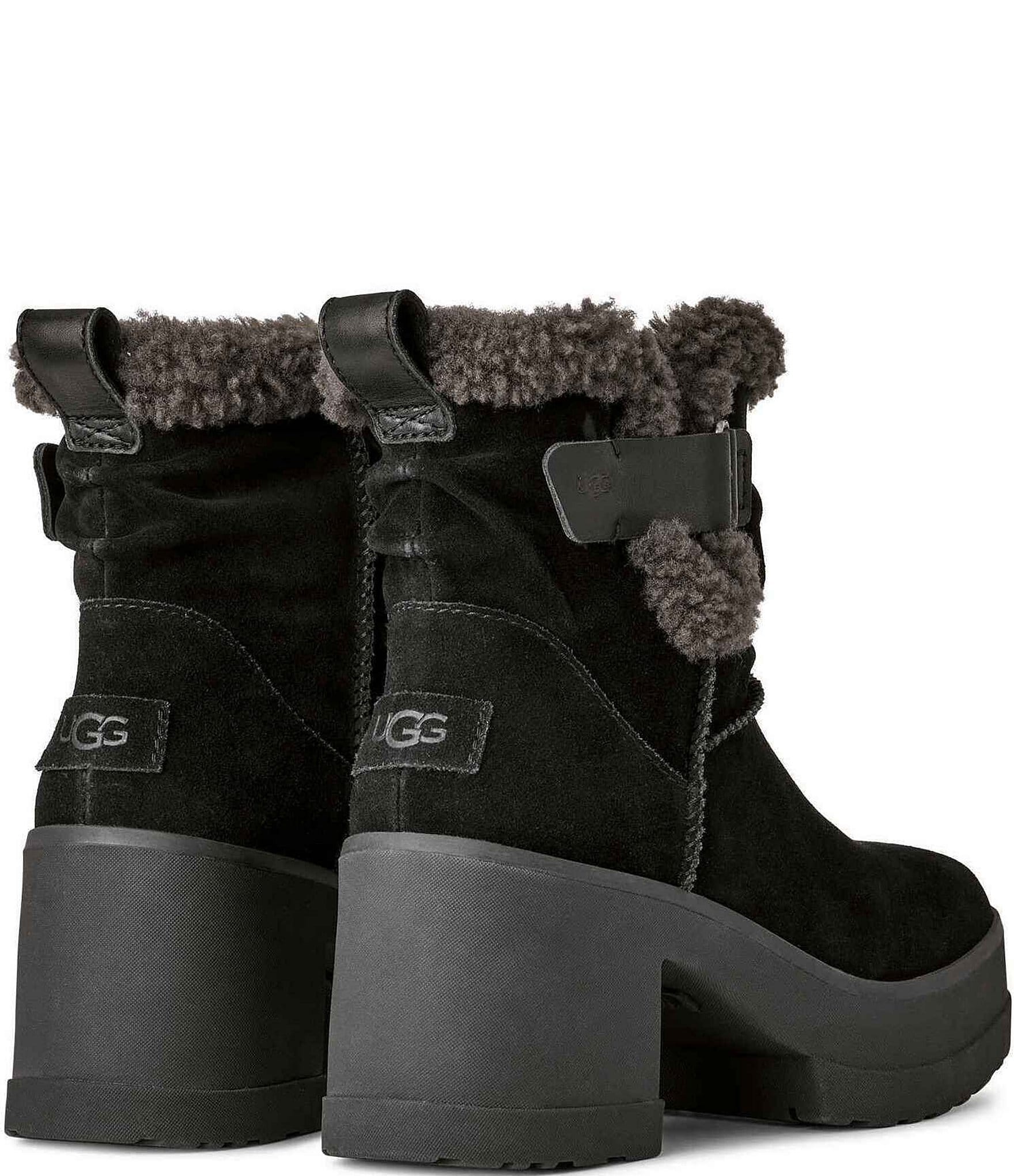 UGG Moxy Pull On Suede Sheepskin Collar Platform Block Heel Booties