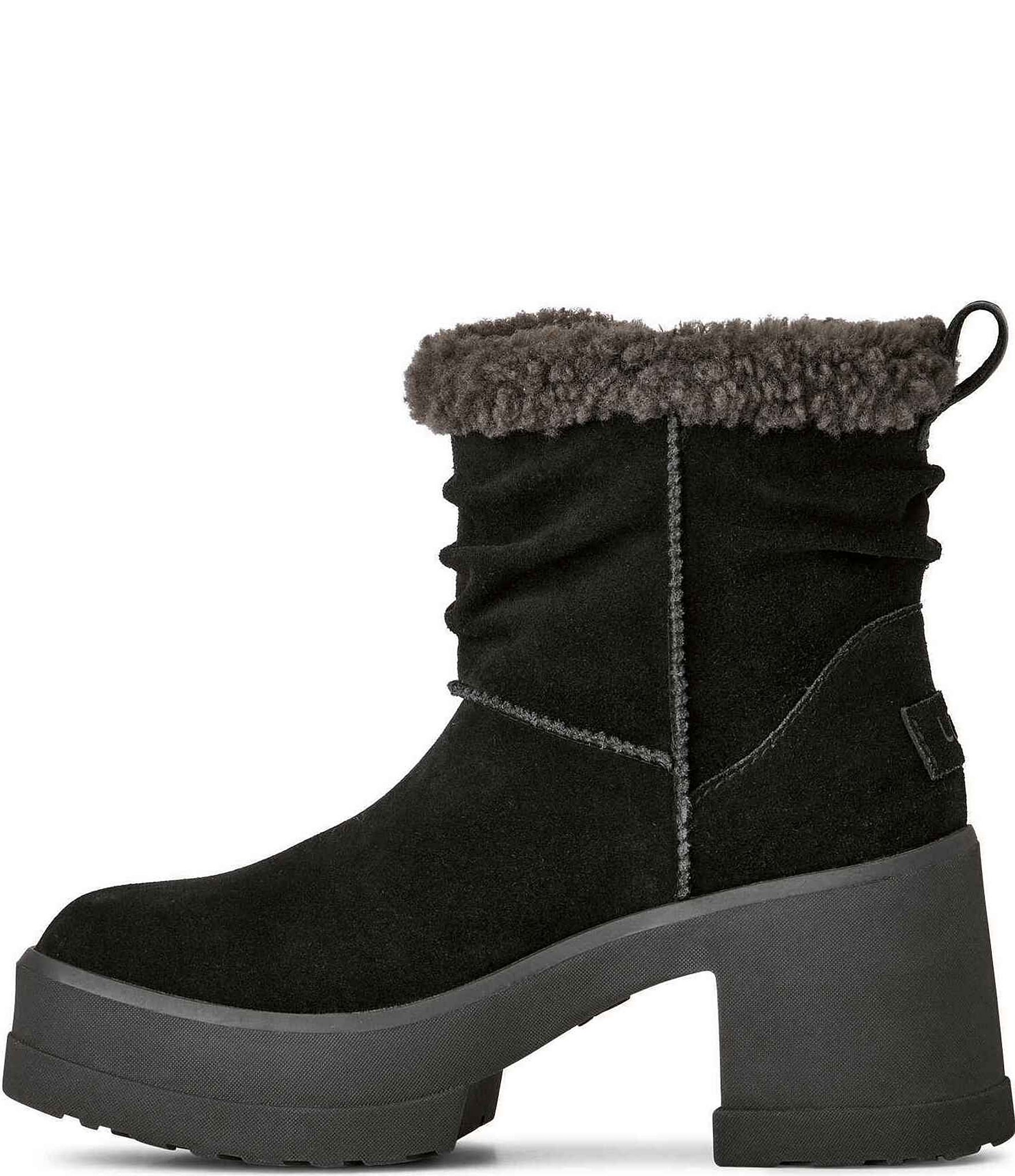 UGG Moxy Pull On Suede Sheepskin Collar Platform Block Heel Booties