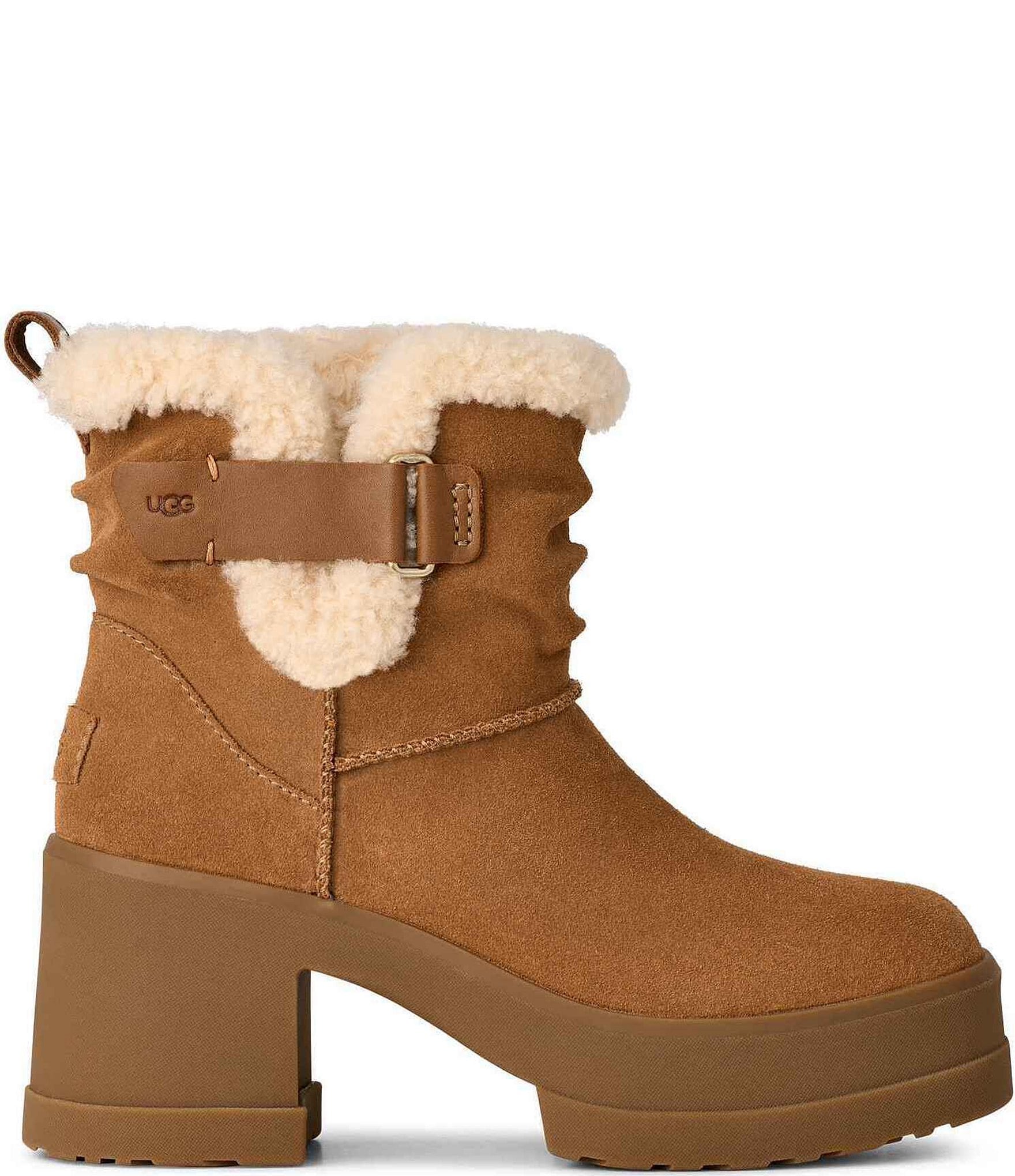 UGG Moxy Pull On Suede Sheepskin Collar Platform Block Heel Booties