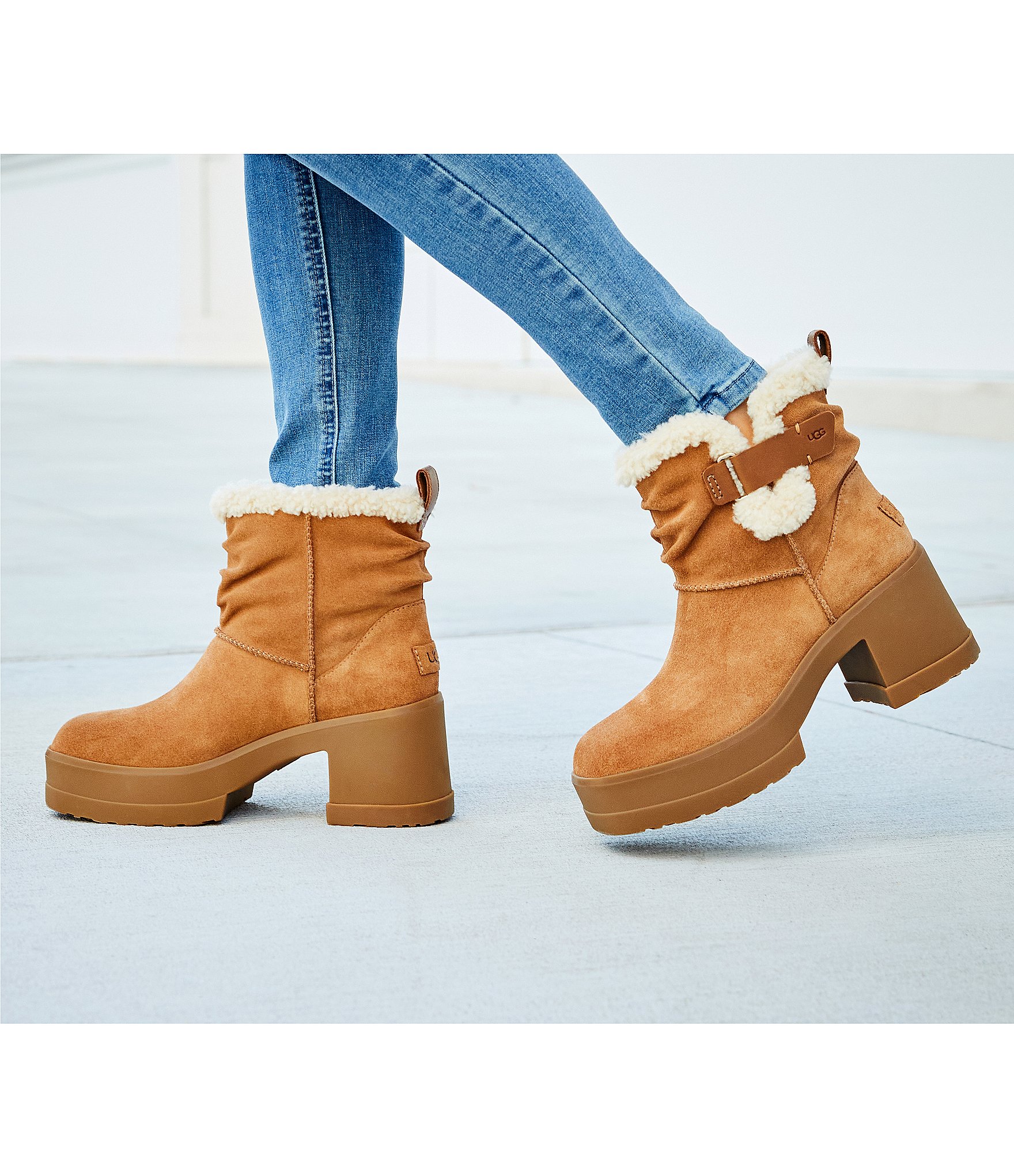 UGG Moxy Pull On Suede Sheepskin Collar Platform Block Heel Booties