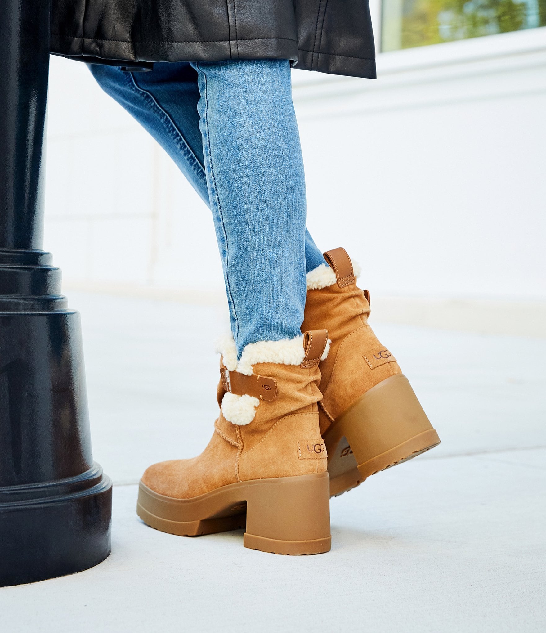 UGG Moxy Pull On Suede Sheepskin Collar Platform Block Heel Booties