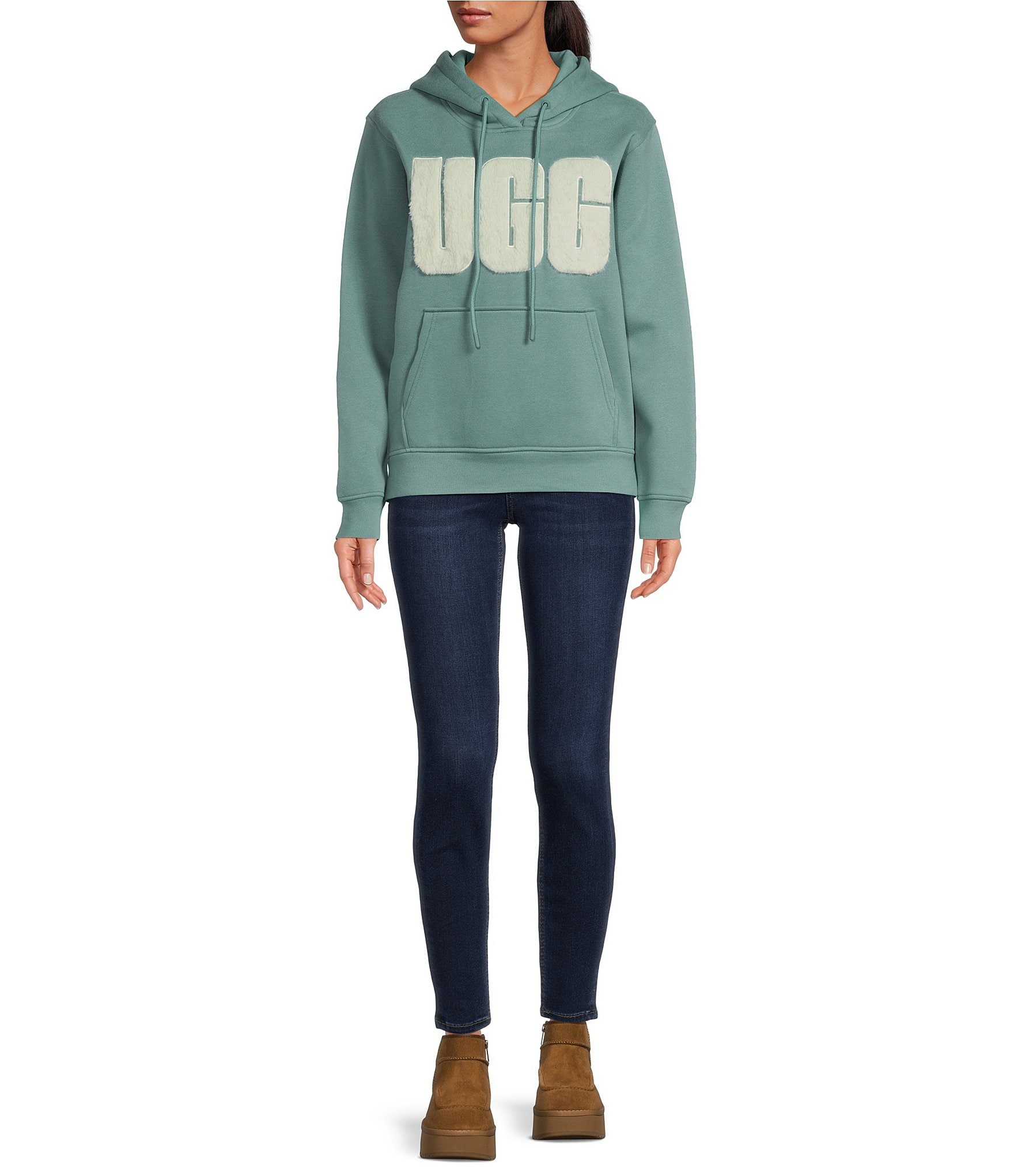 UGG® Rey Fuzzy Faux Fur Long Sleeve Logo Hoodie