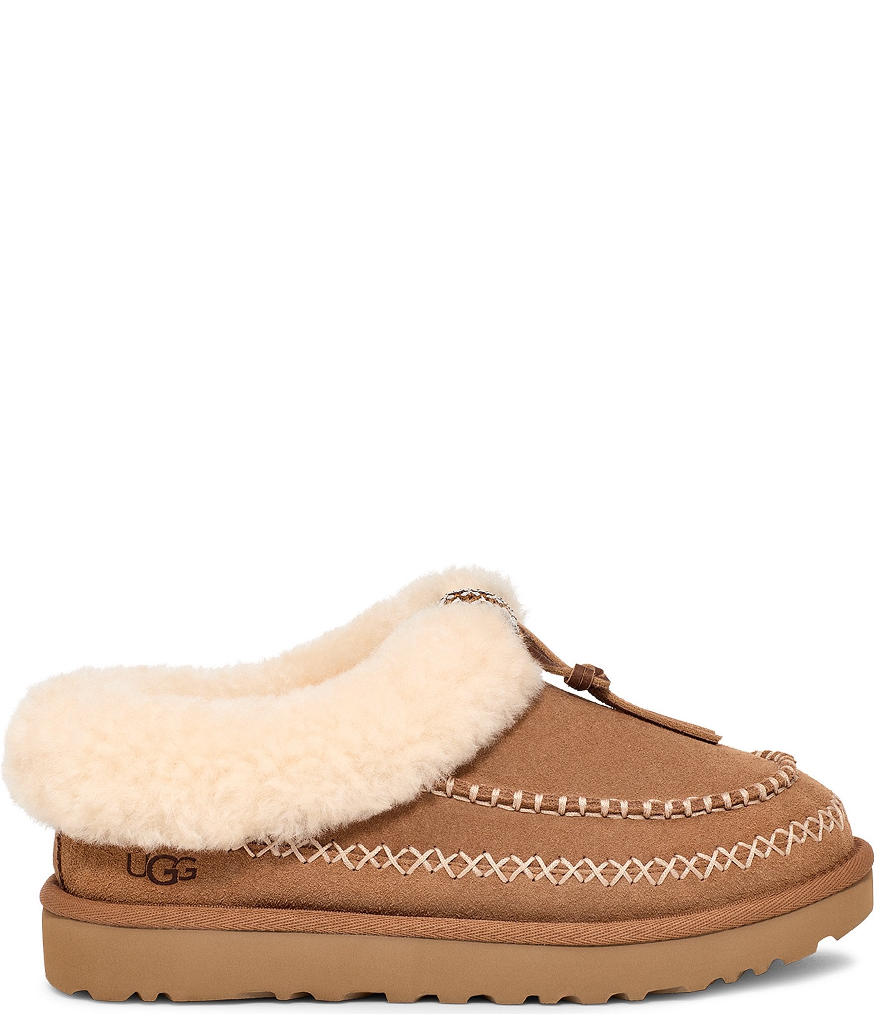 UGG Women's Tasman Alpine Suede Fur Collar Leather Knot Clog Slippers