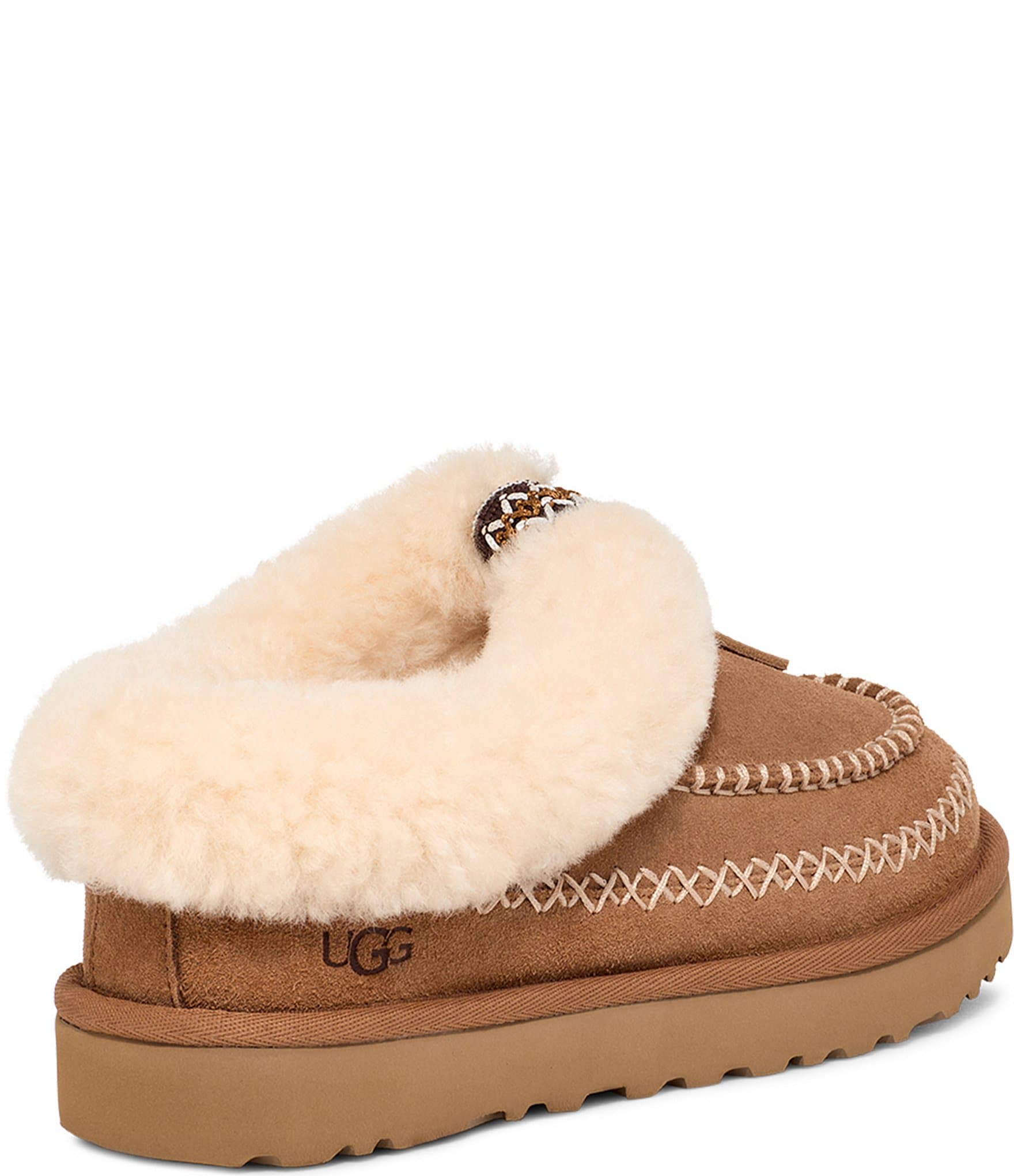 UGG Women's Tasman Alpine Suede Fur Collar Leather Knot Clog Slippers