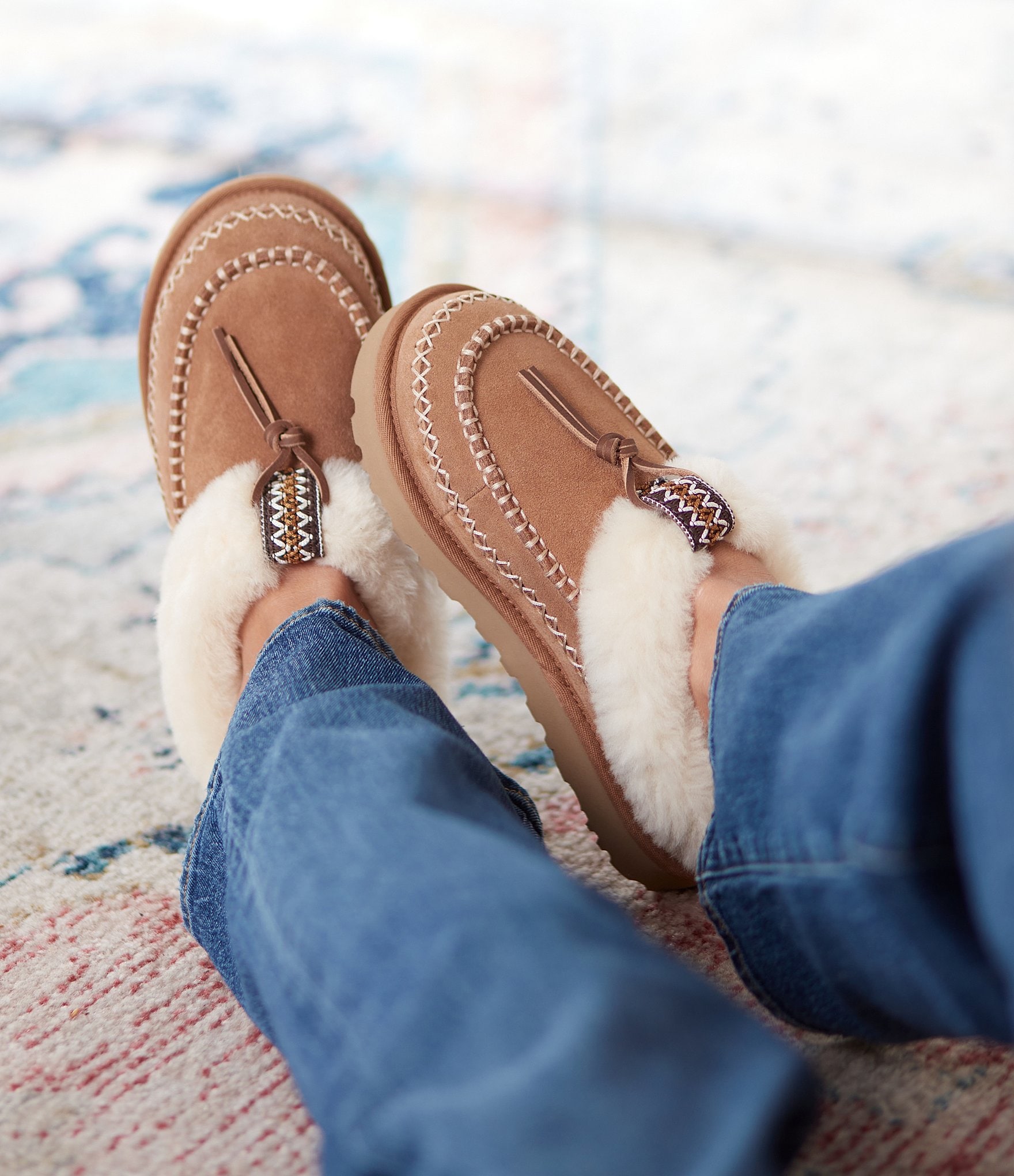 UGG Women's Tasman Alpine Suede Fur Collar Leather Knot Clog Slippers