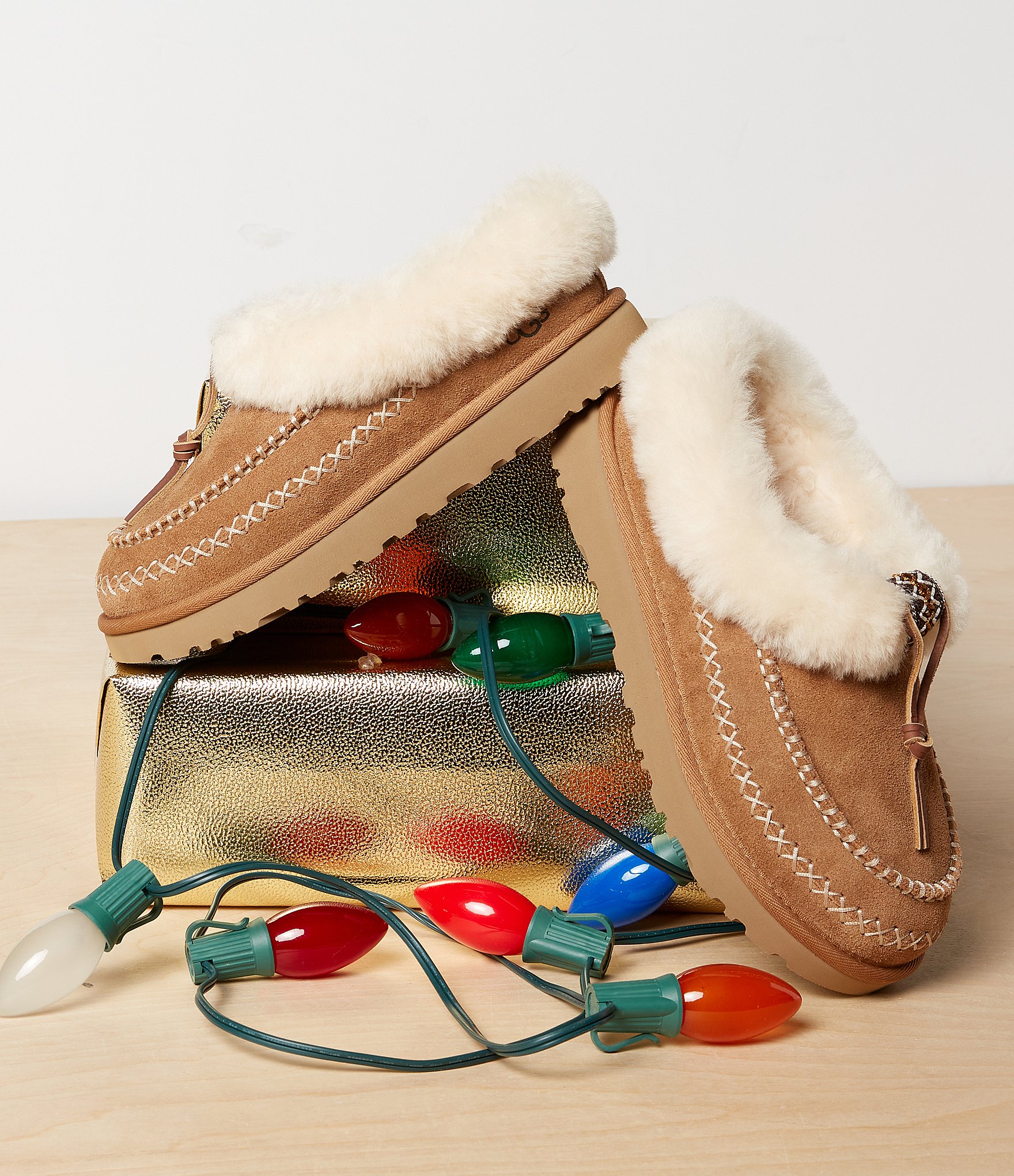 UGG Women's Tasman Alpine Suede Fur Collar Leather Knot Clog Slippers