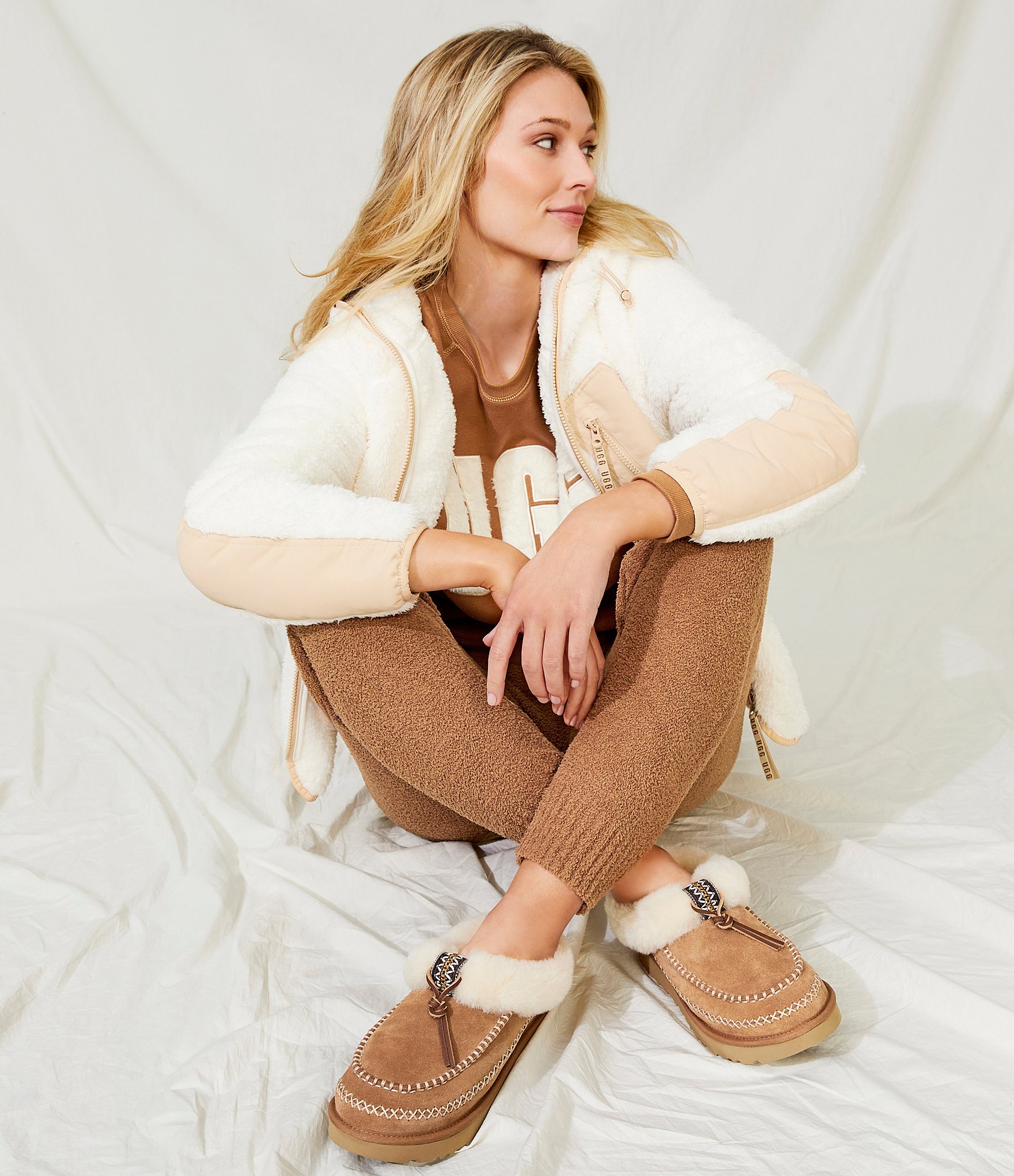 UGG Women's Tasman Alpine Suede Fur Collar Leather Knot Clog Slippers