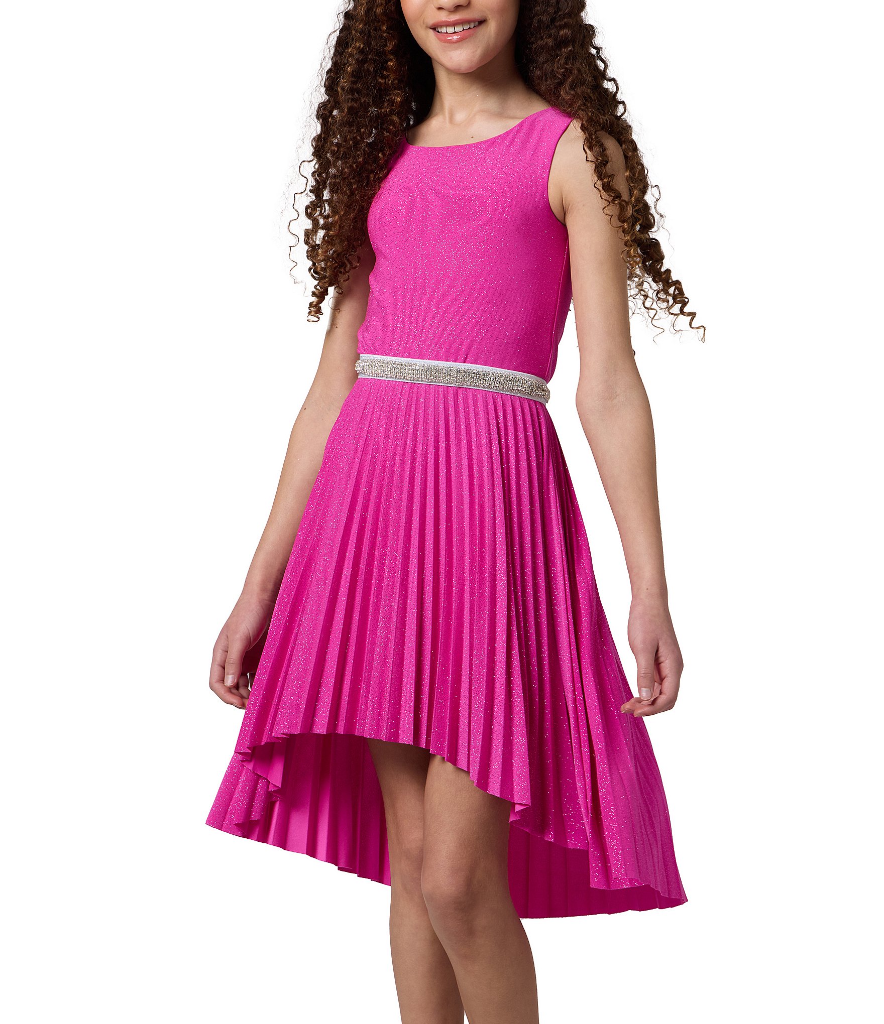 Un Deux Trois Big Girls 7-16 Glitter Pleated Sleeveless Jewel Waist High Low Dress