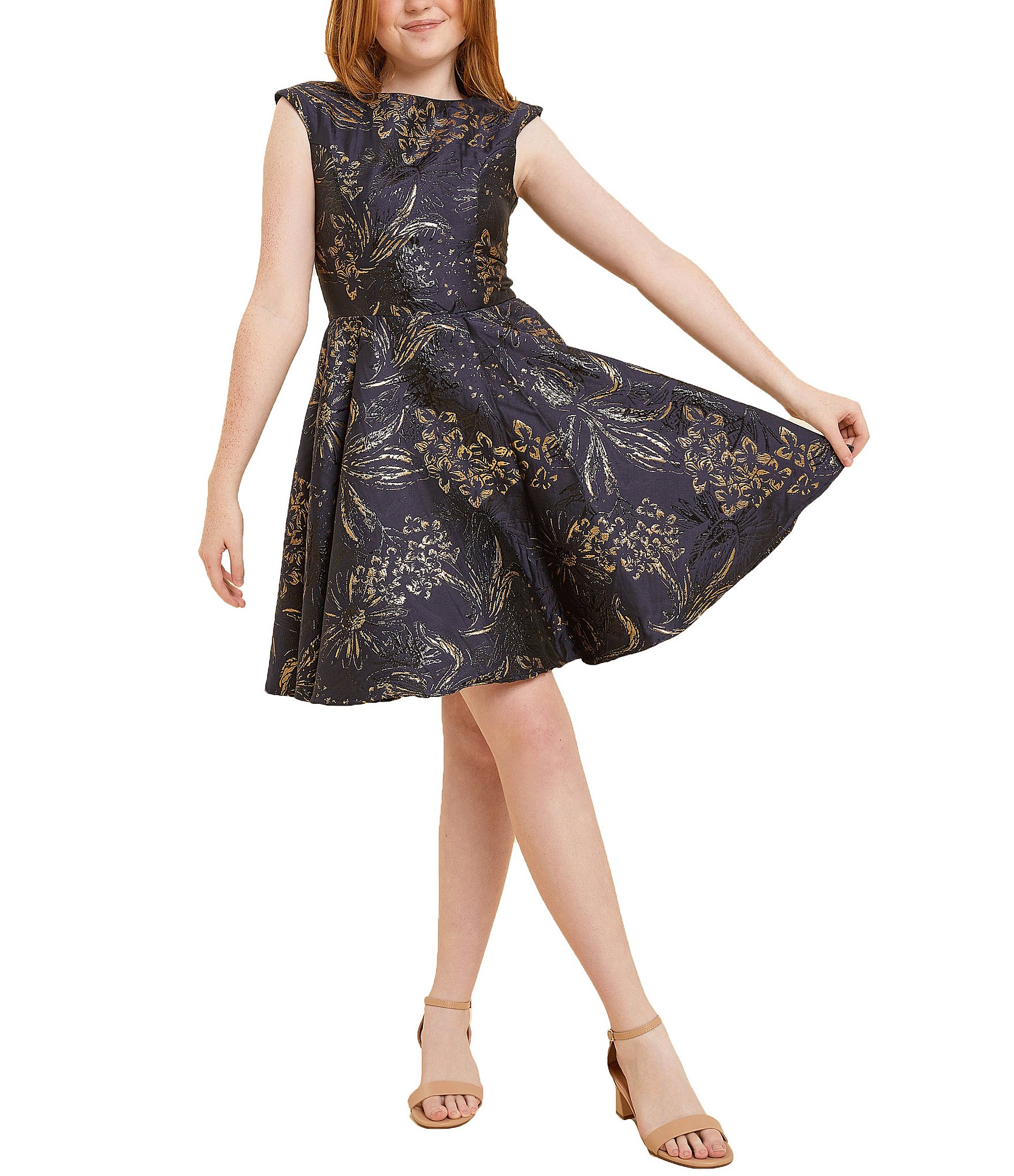 Un Deux Trois Big Girls 7-22 Cap-Sleeve Satin Jacquard Fit-And-Flare Dress