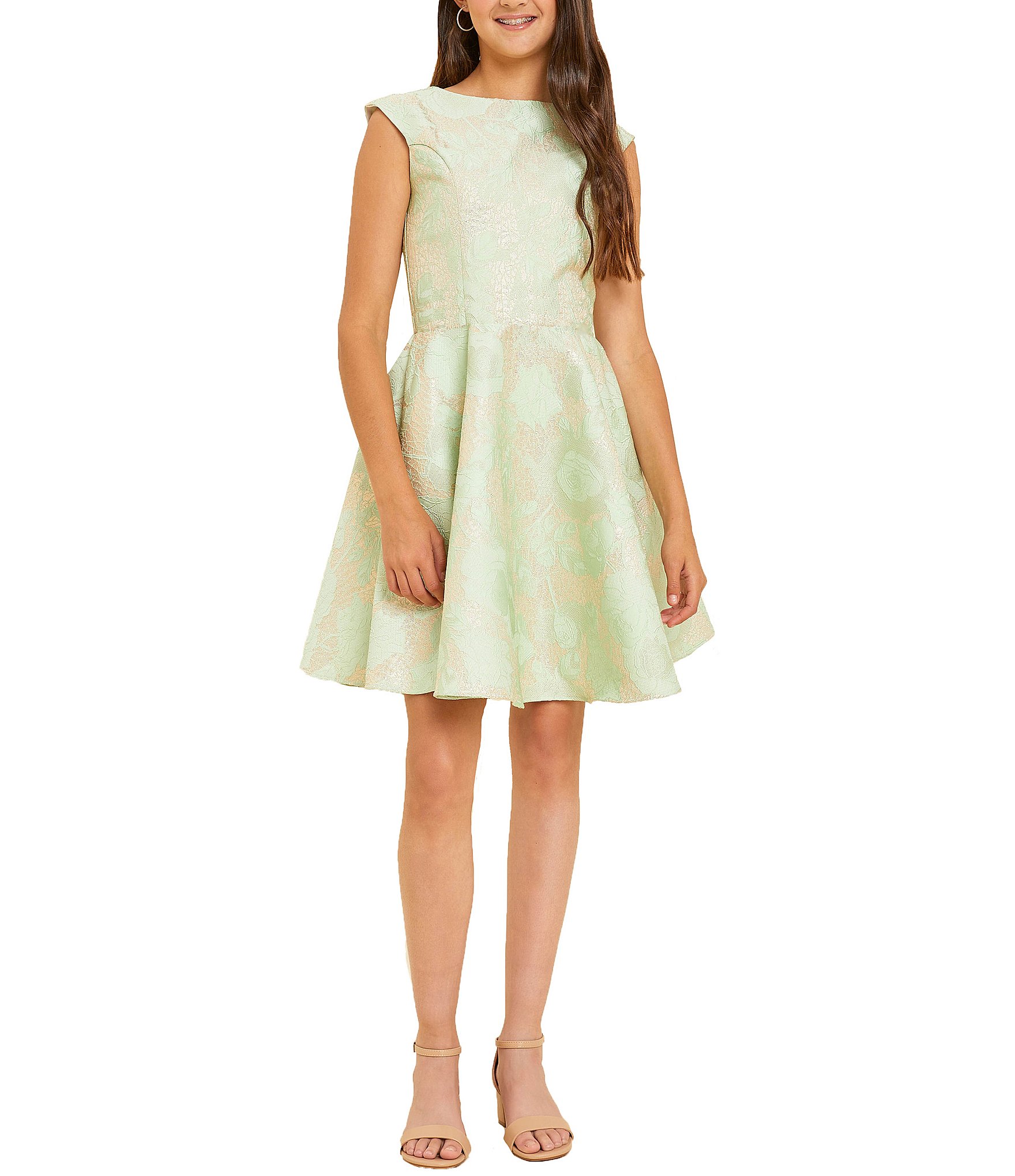 Un Deux Trois Big Girls 7-22 Cap-Sleeve Satin Jacquard Fit-And-Flare Dress