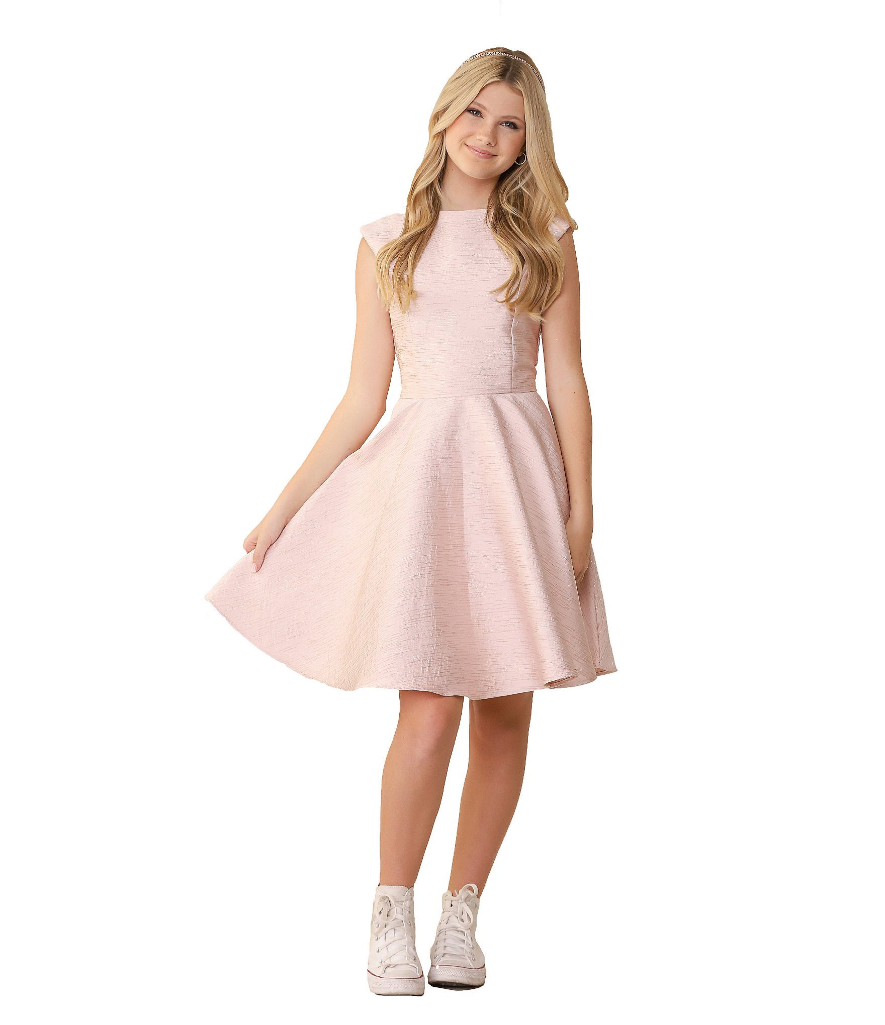 Un Deux Trois Big Girls 7-22 Cap-Sleeve Satin Jacquard Fit-And-Flare Dress