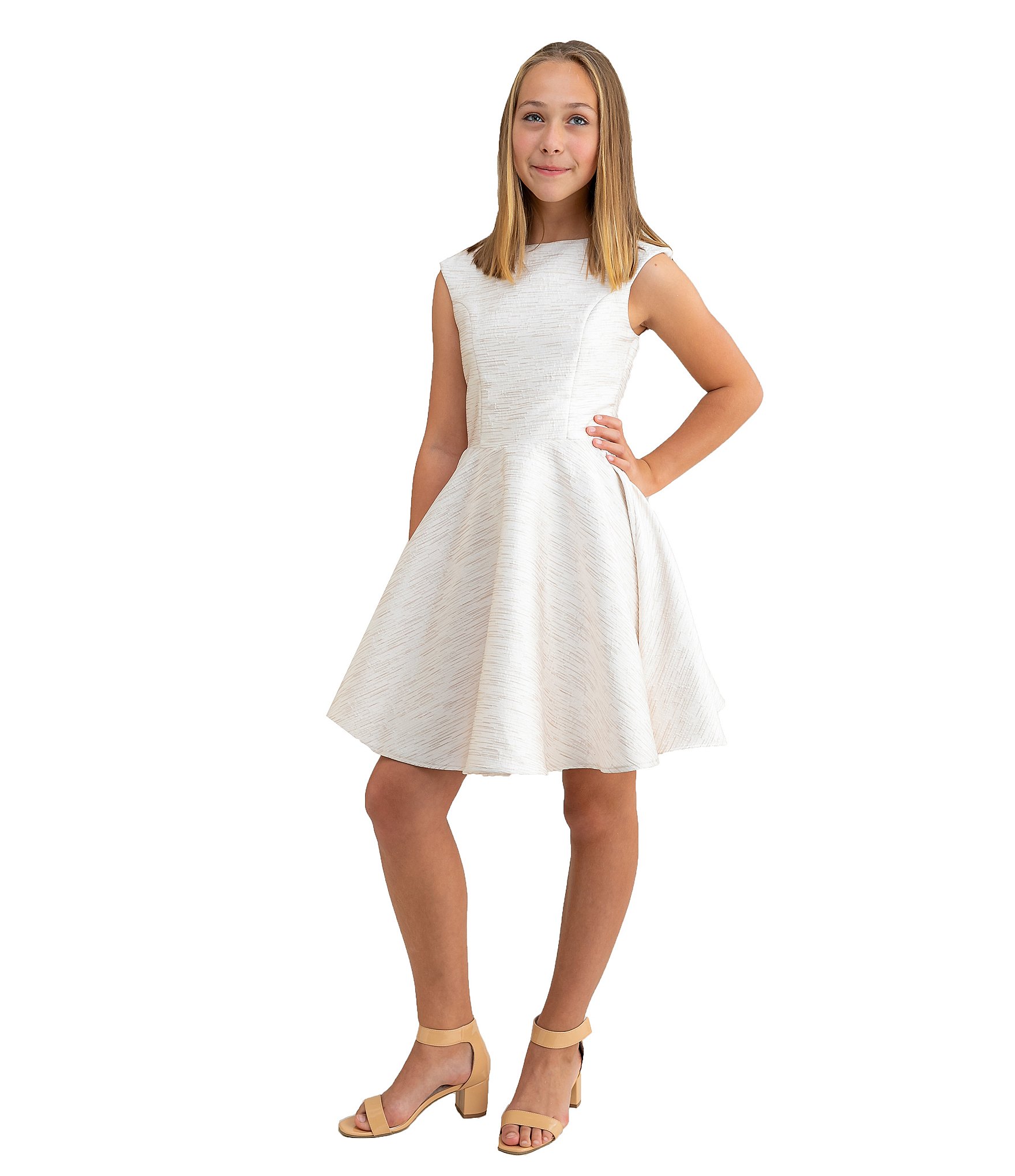 Un Deux Trois Big Girls 7-22 Cap-Sleeve Satin Jacquard Fit-And-Flare Dress