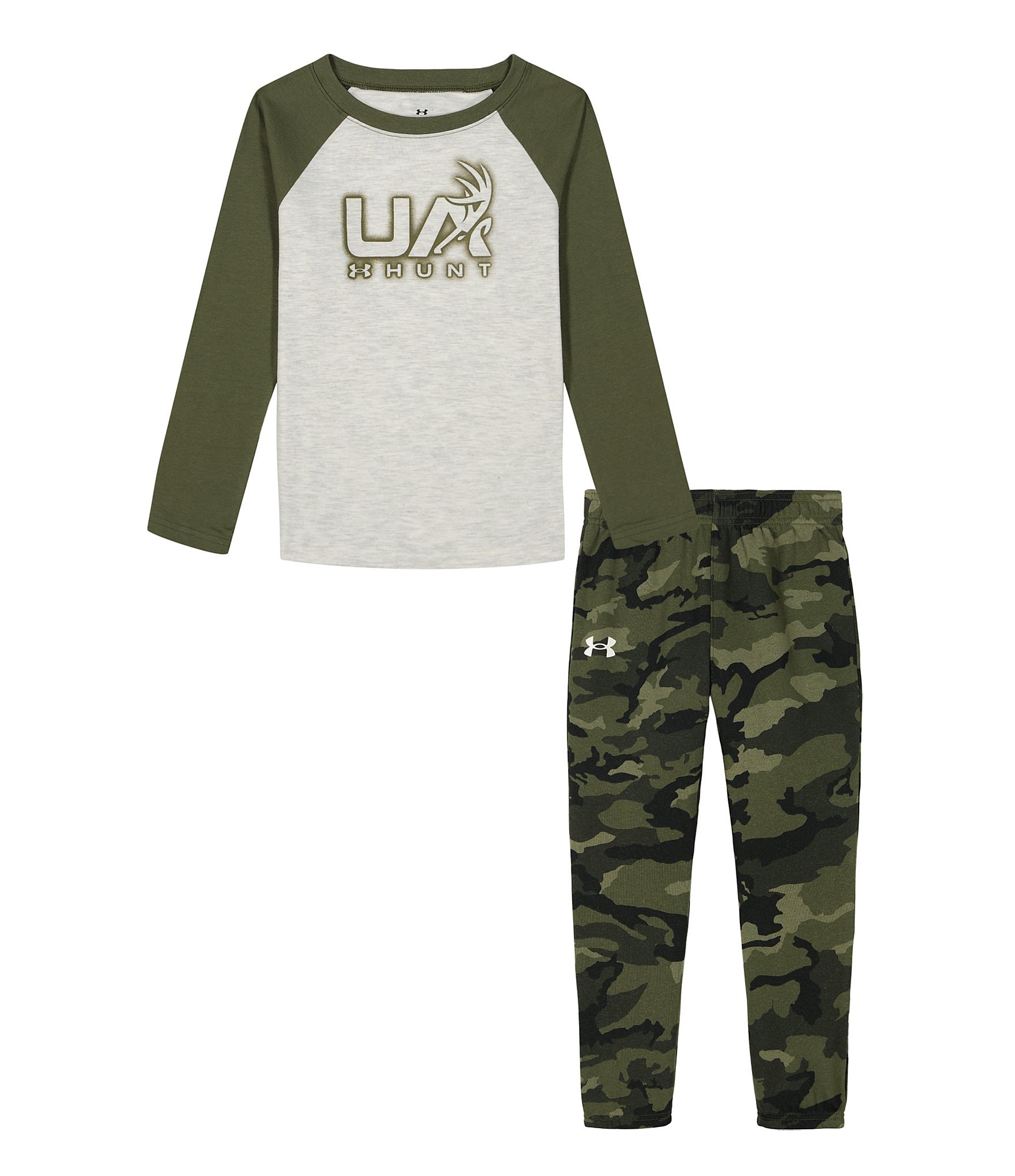 Under Armour Baby Boys 3-24 Months Raglan-Sleeve Woodland Hunt Color Block Jersey T-Shirt & Camouflage-Printed Fleece Pant Set