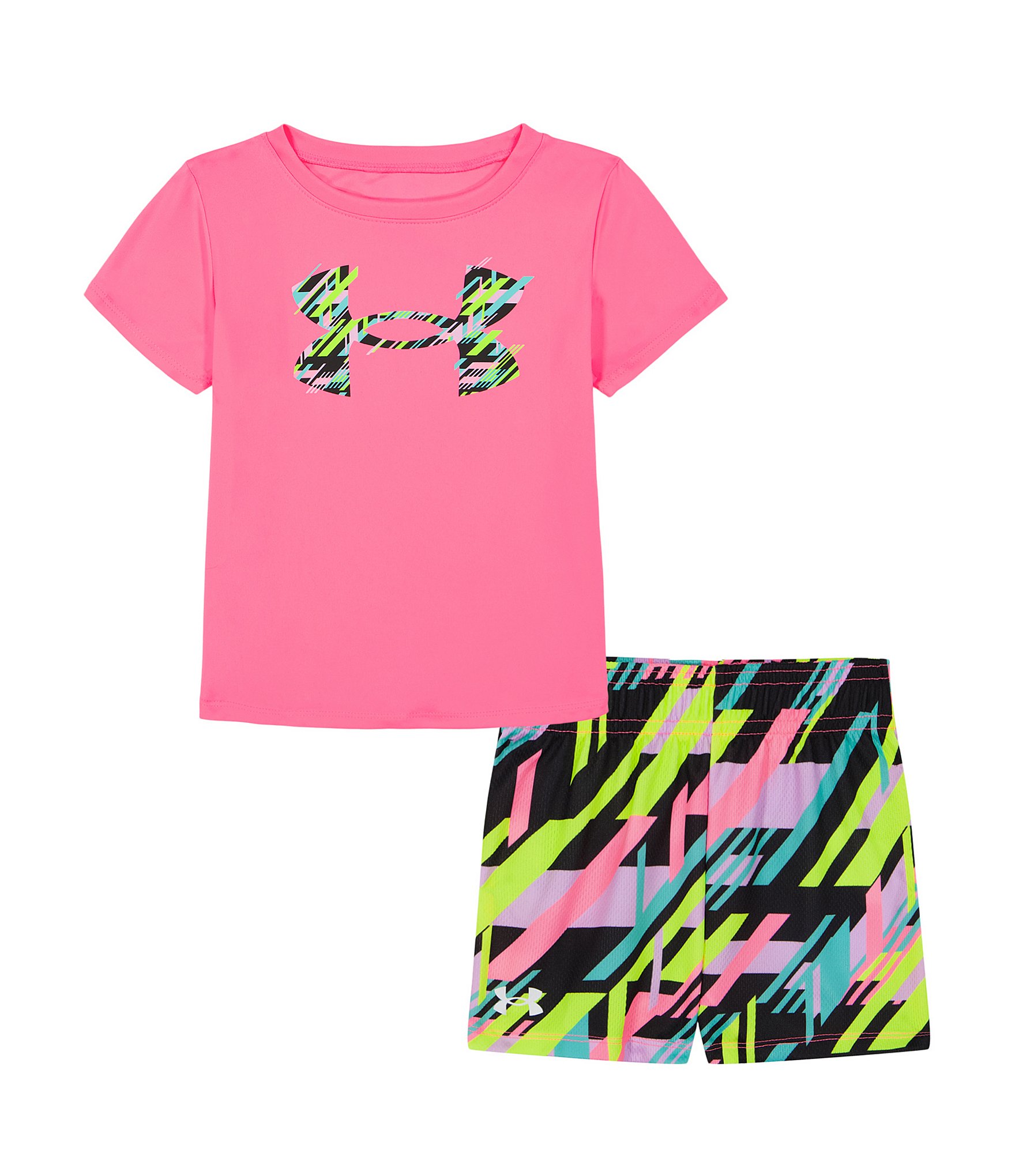 Under Armour Baby Girls 12-24 Months Short Sleeve Printed Neon T-Shirt & Mesh Shorts Set