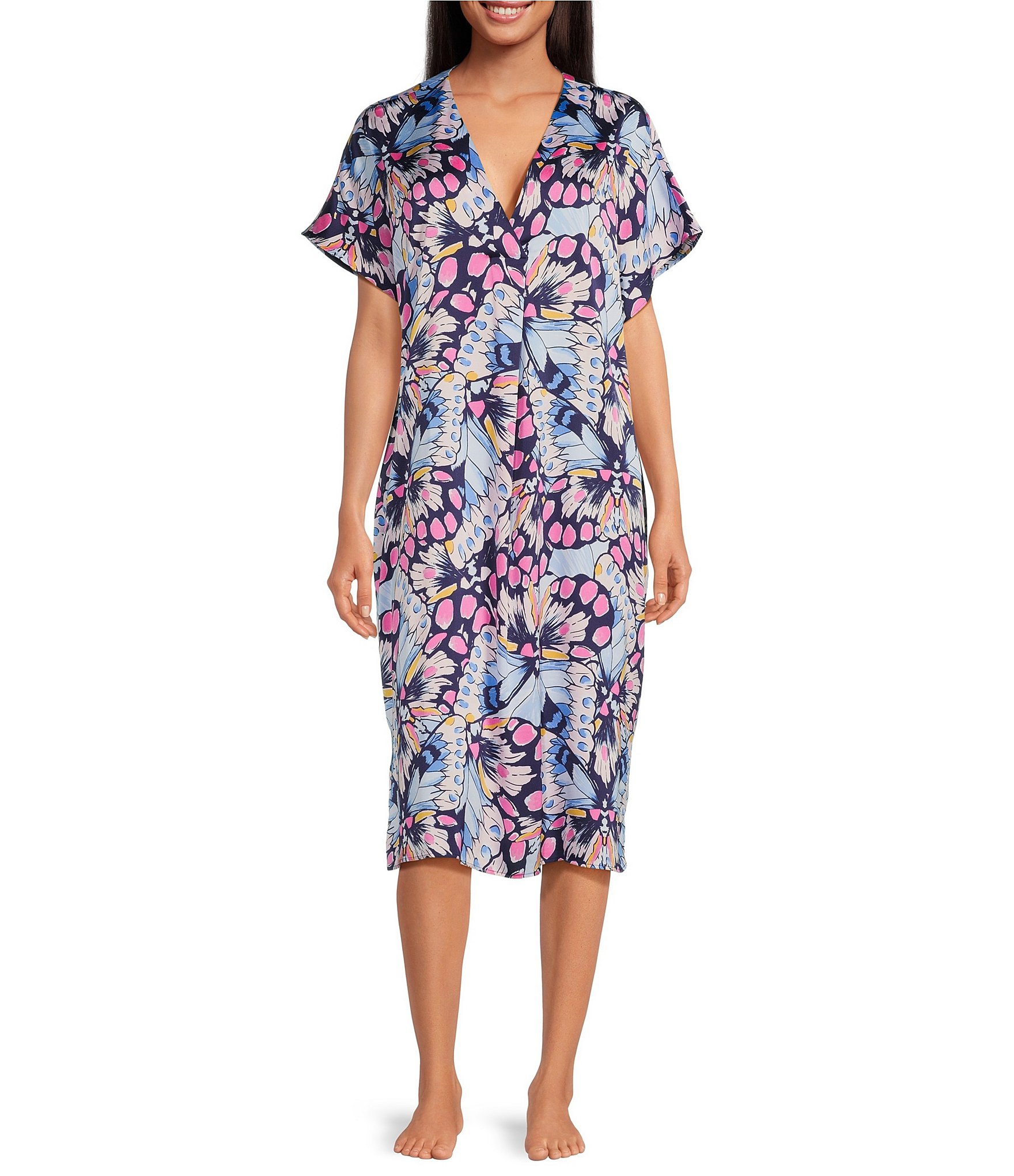 VAN WINKLE & CO. Butterfly Print V-Neck Short Dolman Sleeve Satin Midi  Caftan | The Shops at Willow Bend