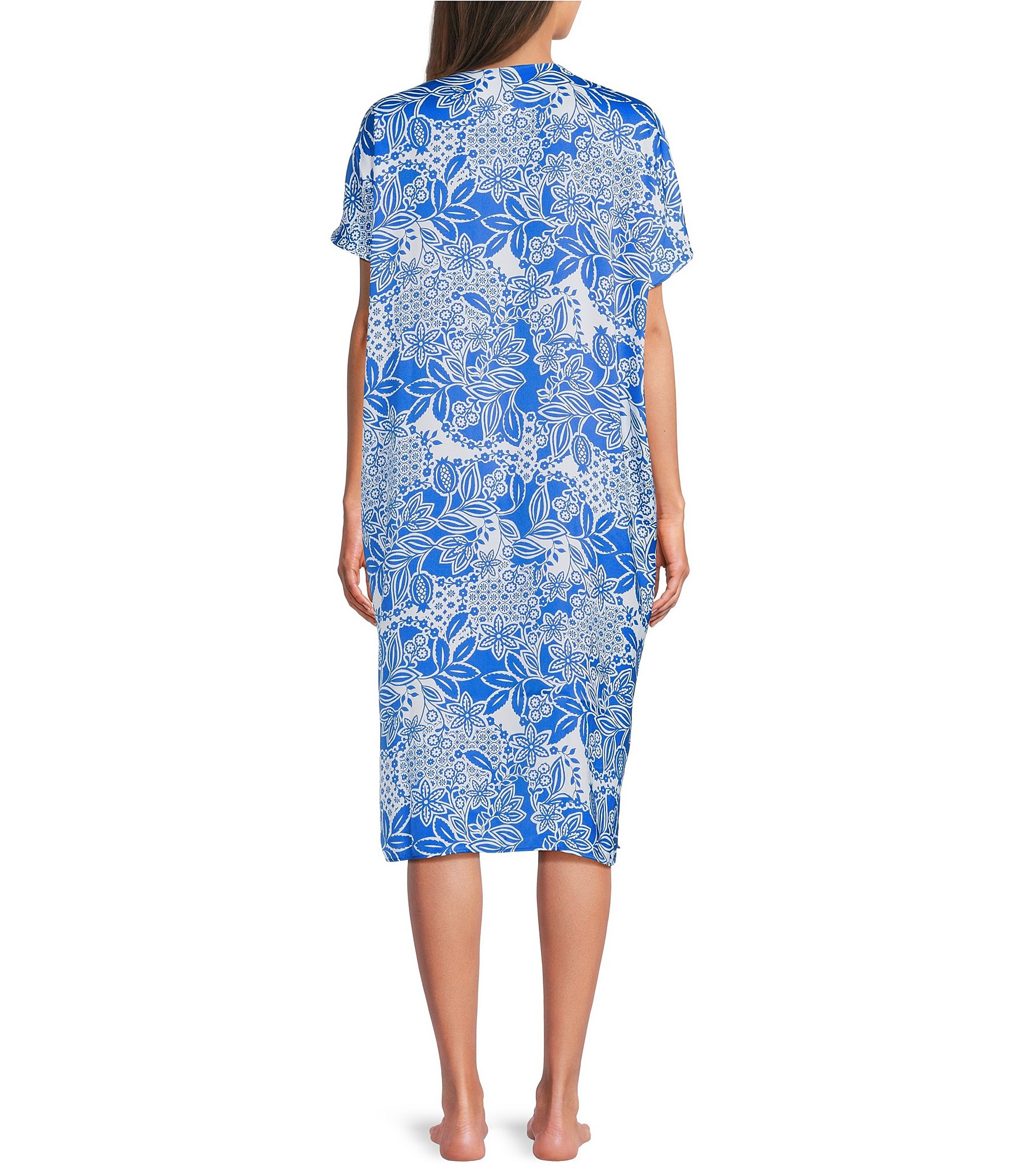 VAN WINKLE & CO. Geo Floral Print V-Neck Short Dolman Sleeve Satin Midi Caftan